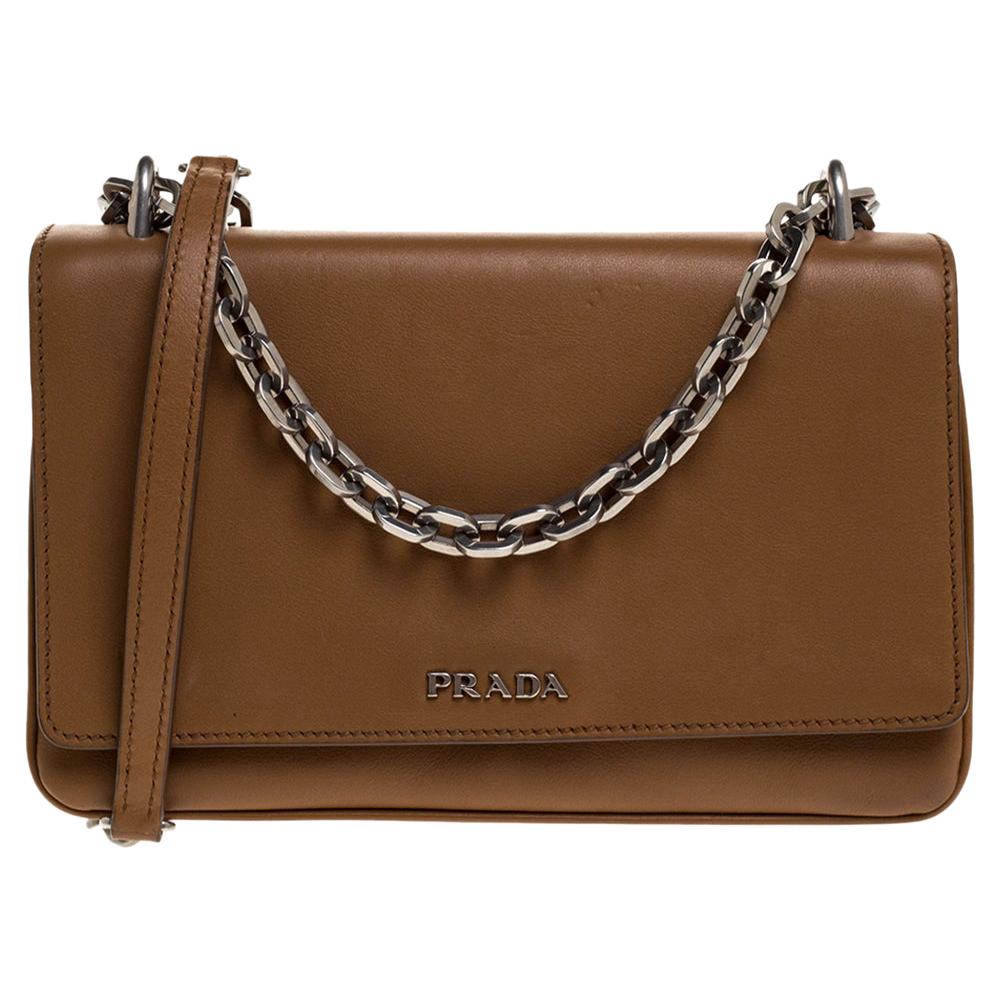 Prada Caramel Brown Leather Flap Chain Shoulder Bag