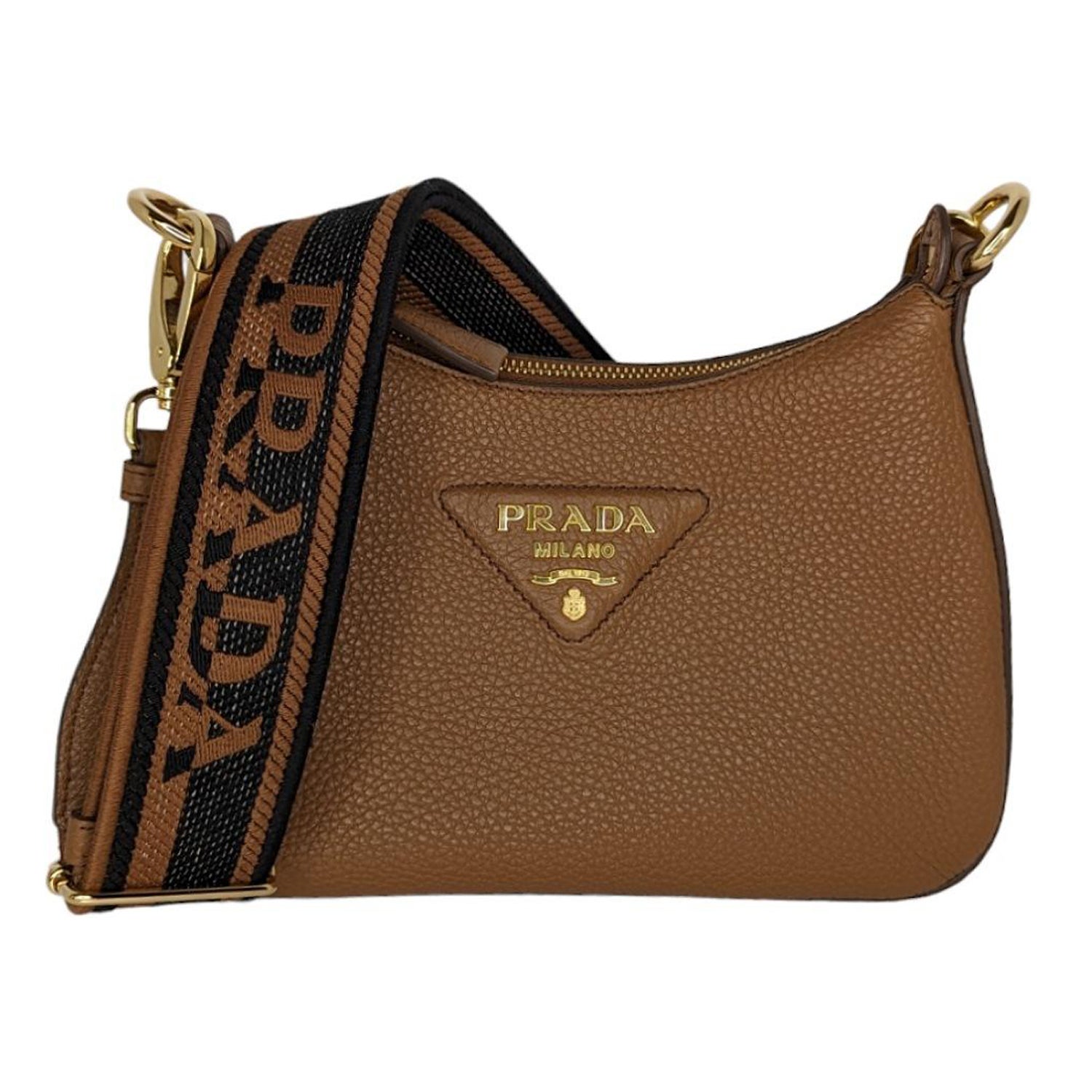 Prada Caramel Calfskin Logo Strap Shoulder Bag 1BH193
