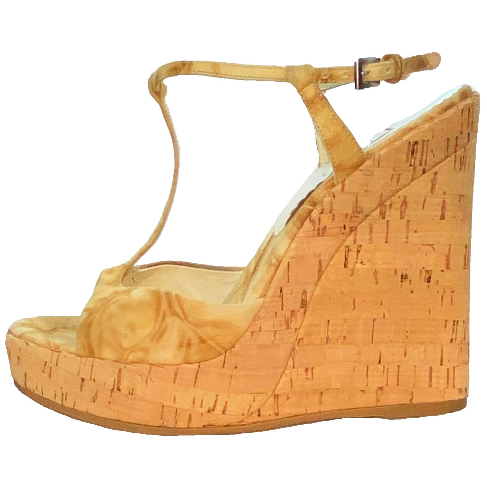 Prada Caramel Cork Wedge Platform Heel Sandals For Sale at 1stDibs