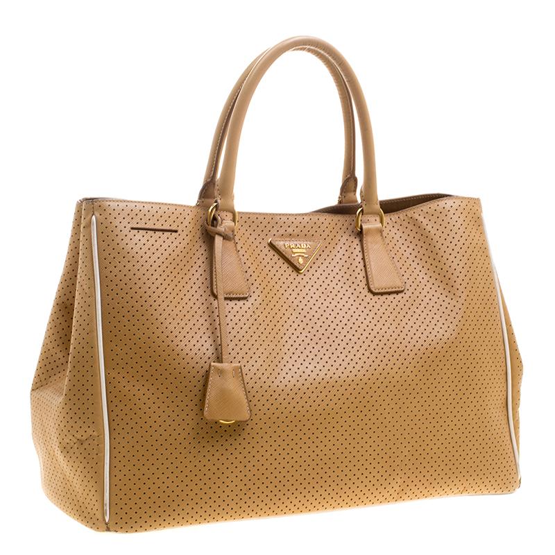 Brown Prada Caramel Perforated Saffiano Lux Leather Large Gardener's Tote
