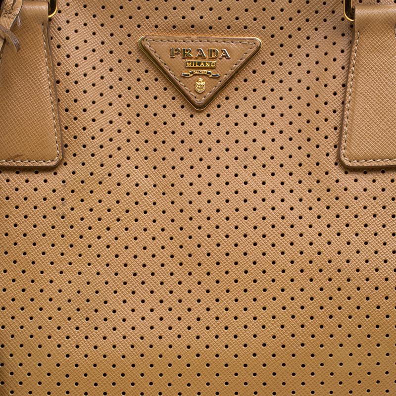 Women's Prada Caramel Perforated Saffiano Lux Leather Large Gardener's Tote