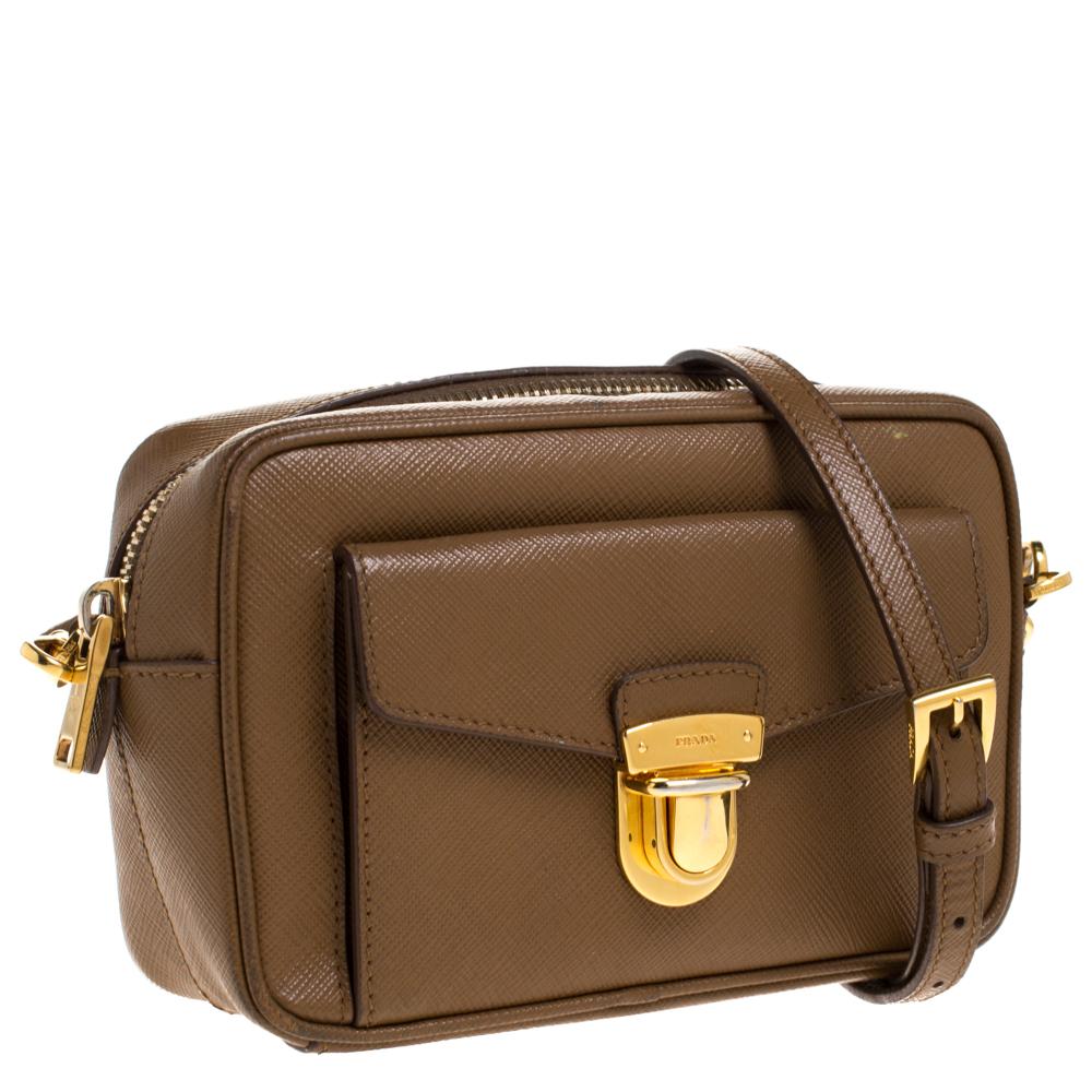 Brown Prada Caramel Saffiano Leather Camera Pushlock Crossbody Bag