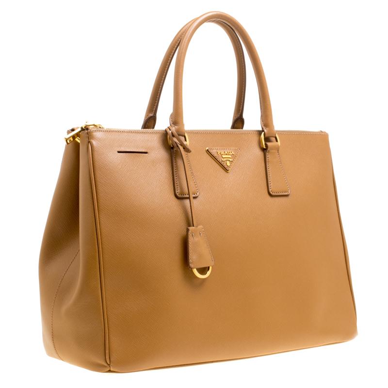 Brown Prada Caramel Saffiano Lux Leather Large Double Zip Tote