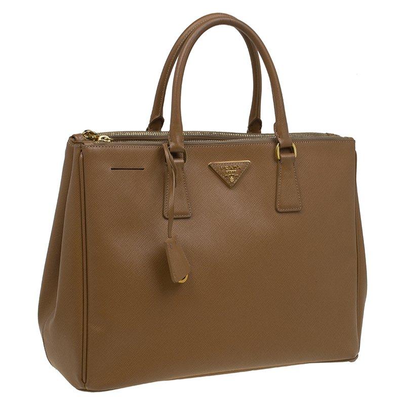 Brown Prada Caramel Saffiano Lux Leather Large Double Zip Tote