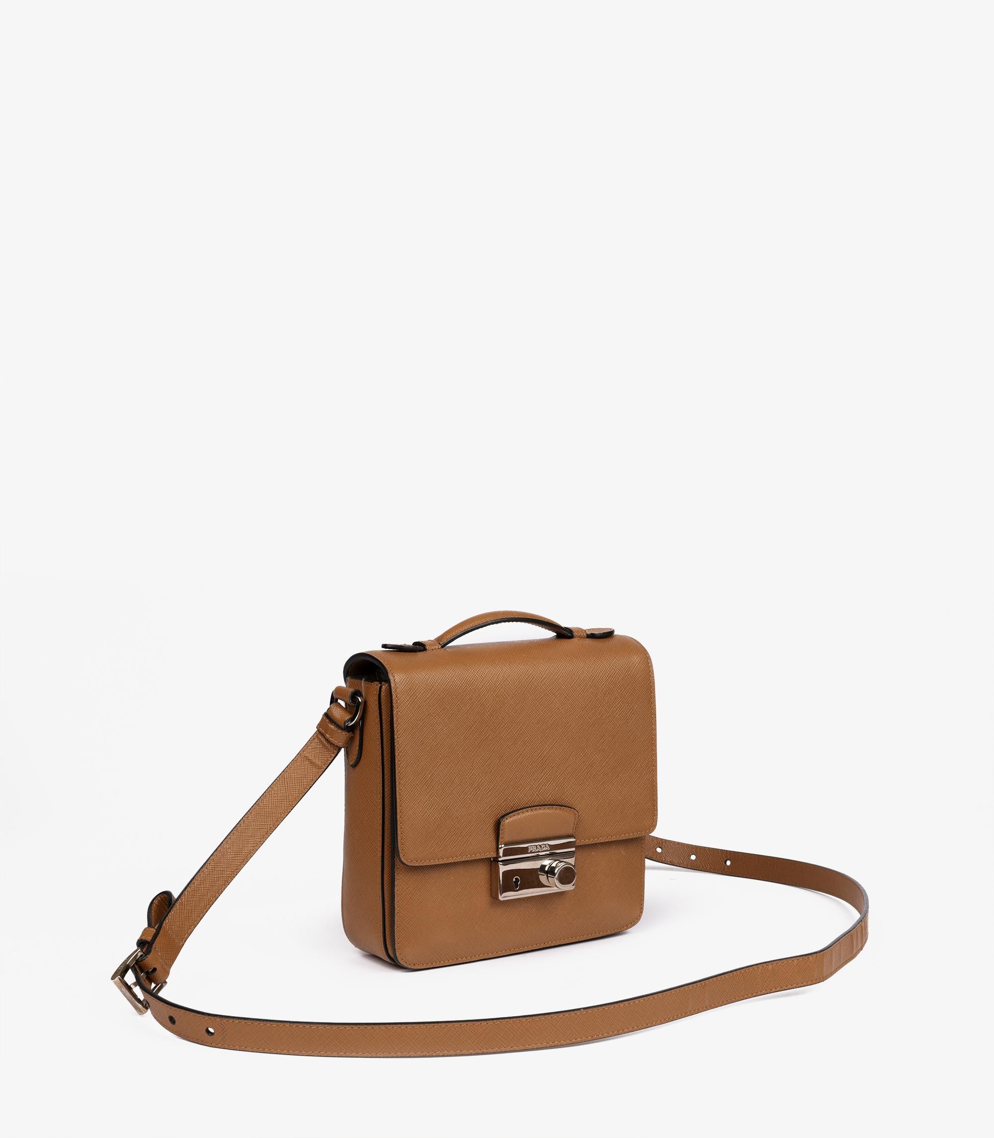 Gray Prada Caramel Saffiano Lux Leather Small Sound Crossbody Bag For Sale