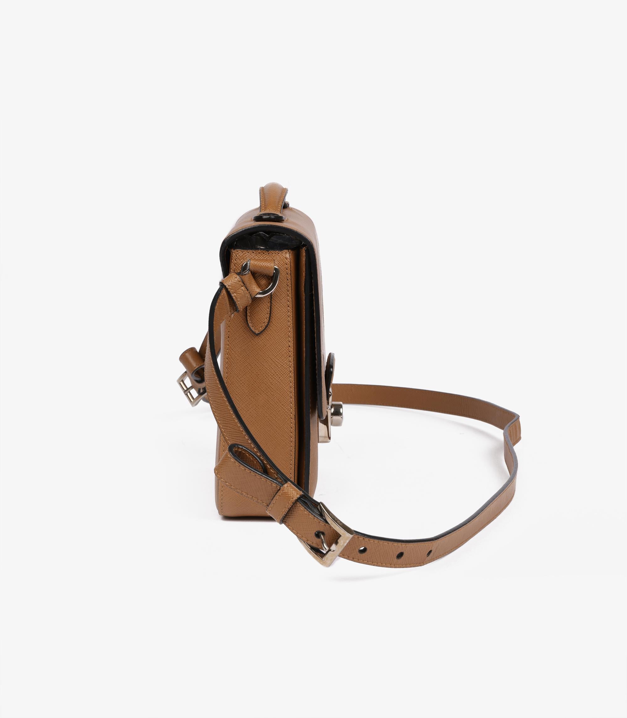 Prada Caramel Saffiano Lux Leather Small Sound Crossbody Bag In Excellent Condition For Sale In Bishop's Stortford, Hertfordshire