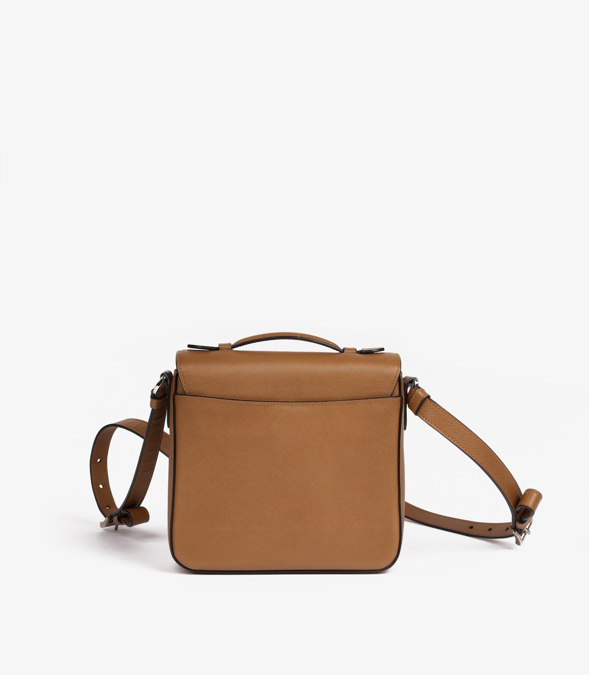 Women's or Men's Prada Caramel Saffiano Lux Leather Small Sound Crossbody Bag For Sale
