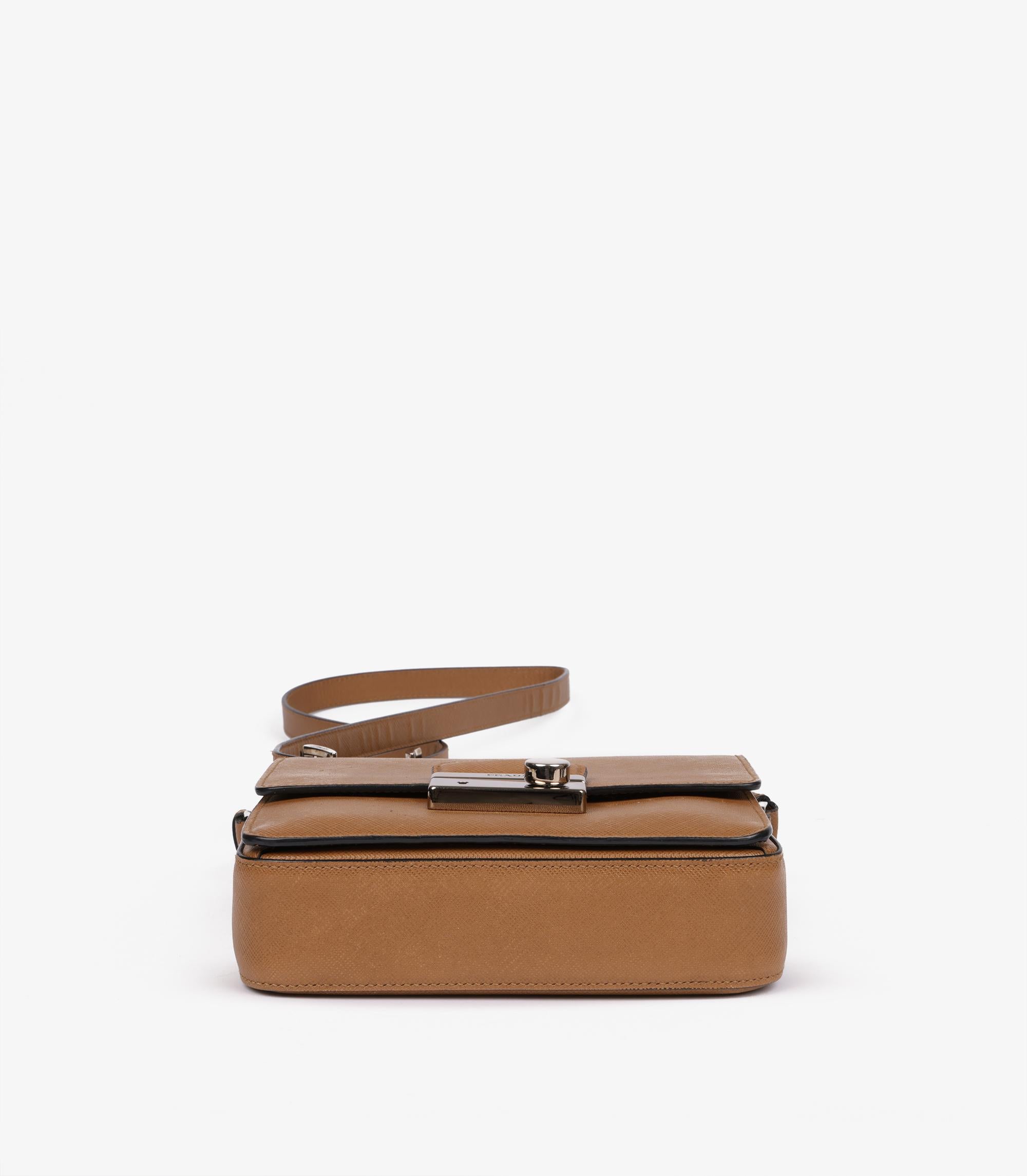 Prada Caramel Saffiano Lux Leather Small Sound Crossbody Bag For Sale 2