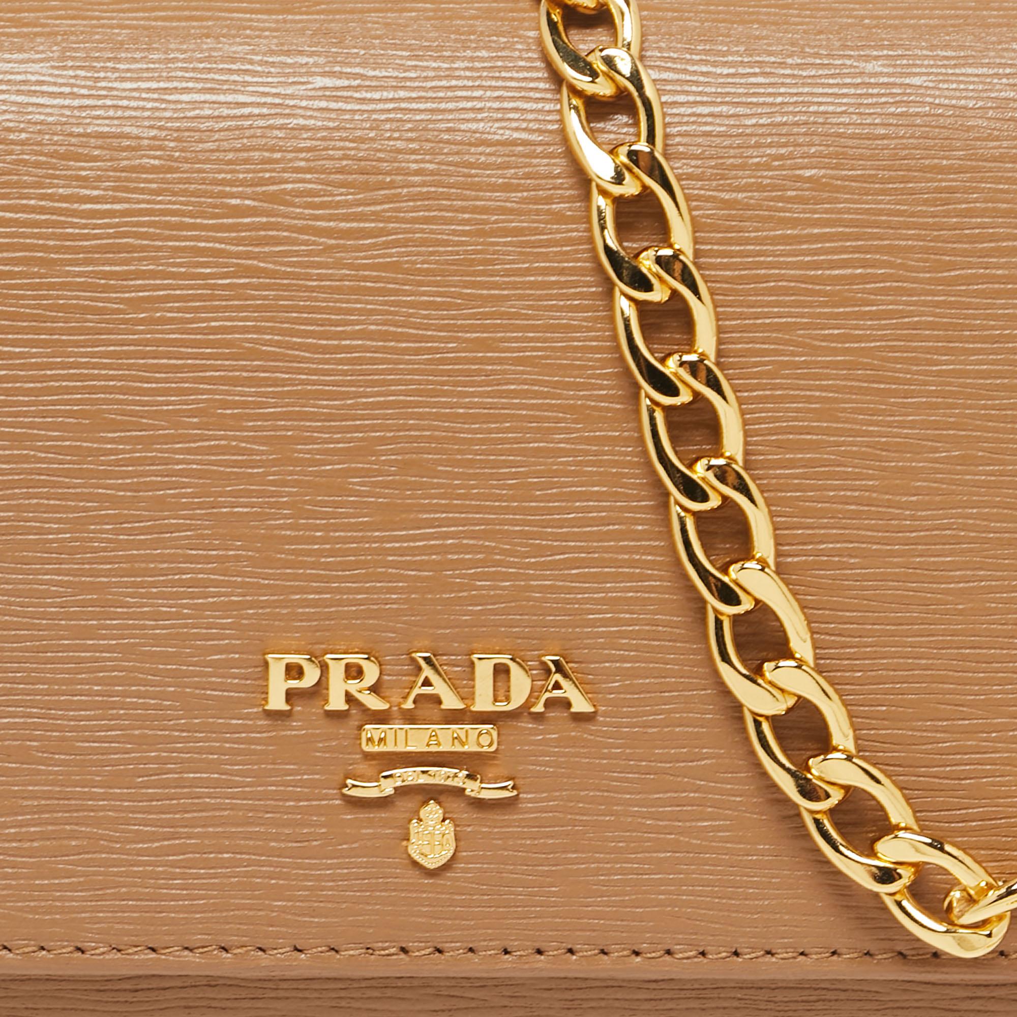Brown Prada Caramel Vitello Move Leather Wallet on Chain