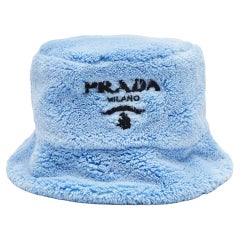 Used Prada Celeste Blue Terry Contrast Logo Embroidered Bucket Hat M