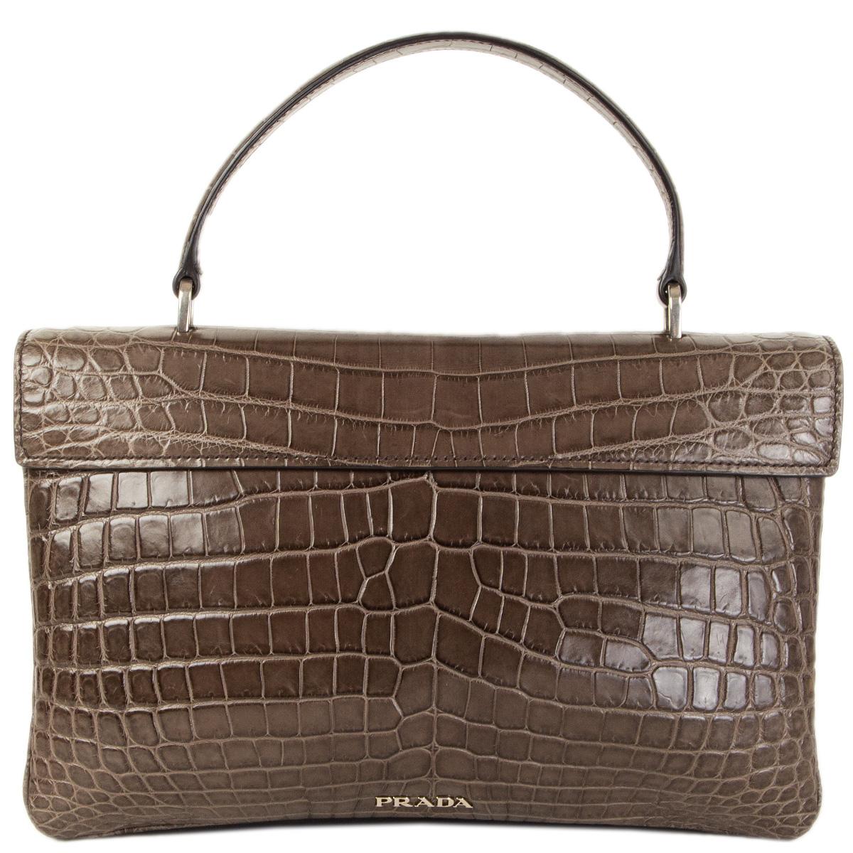 Brown PRADA Cenere taupe CROCODILE 1BA017 Top Handle Bag For Sale
