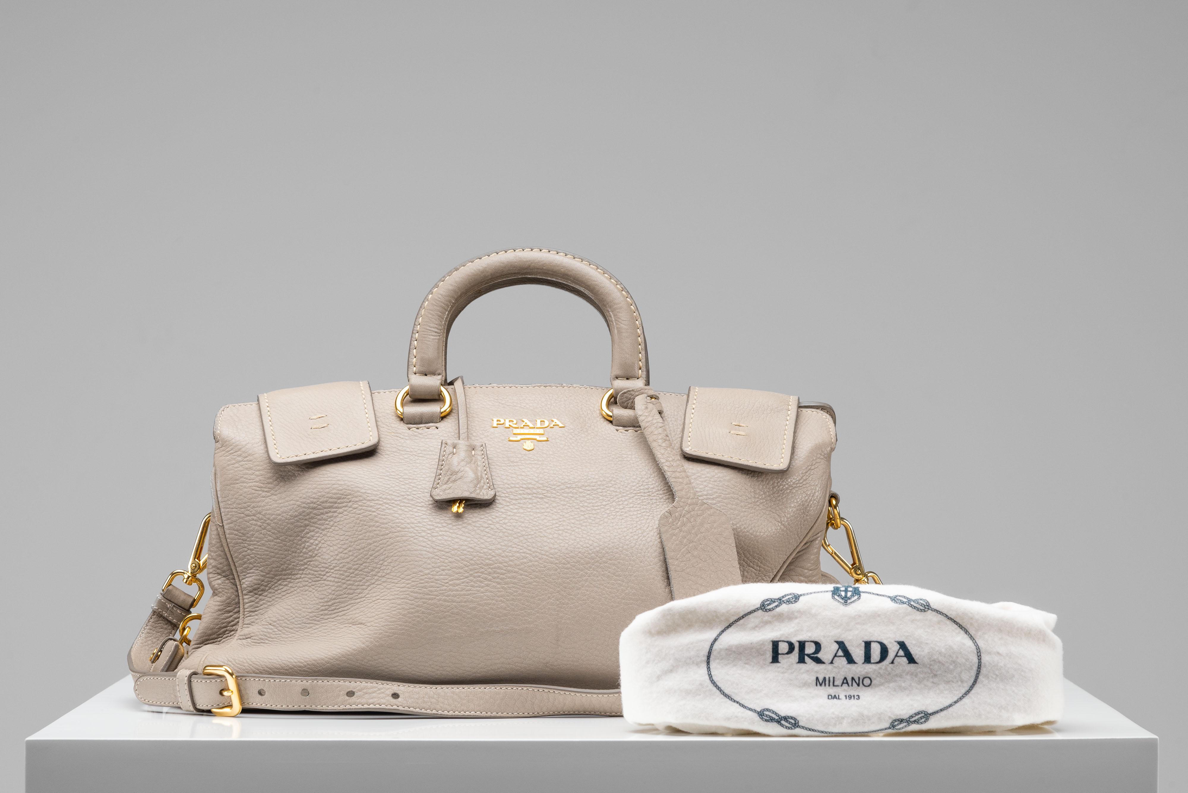 From the collection of SAVINETI we offer this Prada Cervo Handbag:
-    Brand: Prada
-    Model: Cervo Handbag
-    Color: light grey
-    Condition: Very Good Condition
-    Materials: leather, gold-color hardware
-    Extras: Dustbag

Authenticity