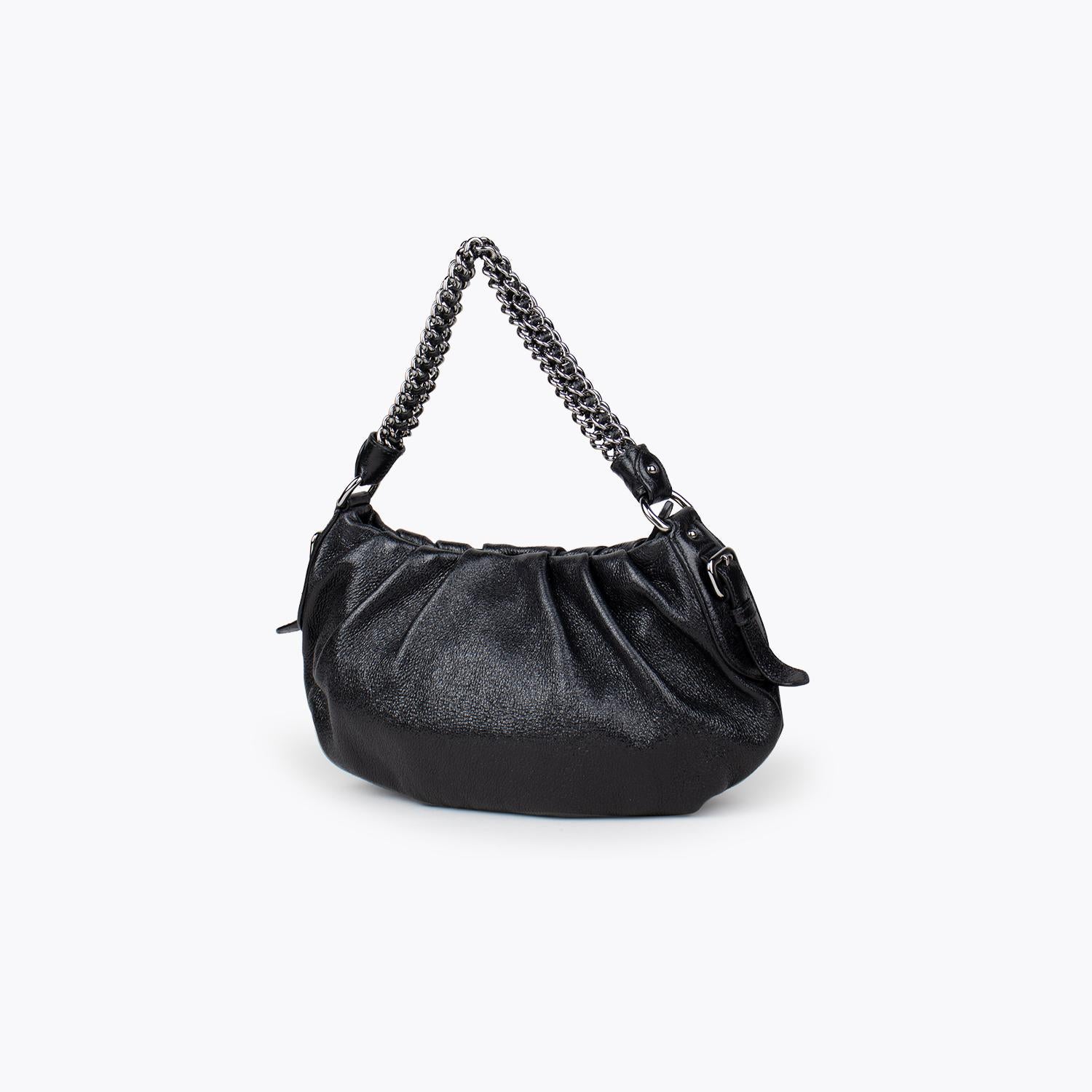 Black Prada shimmering Cervo Lux Leather Chain Shoulder Bag 

– Single chain strap
– Silver-tone hardware
– Black interior lining, single zip pocket at interior wall zip closure at top

Overall Preloved Condition: Very Good
Exterior Condition: Very