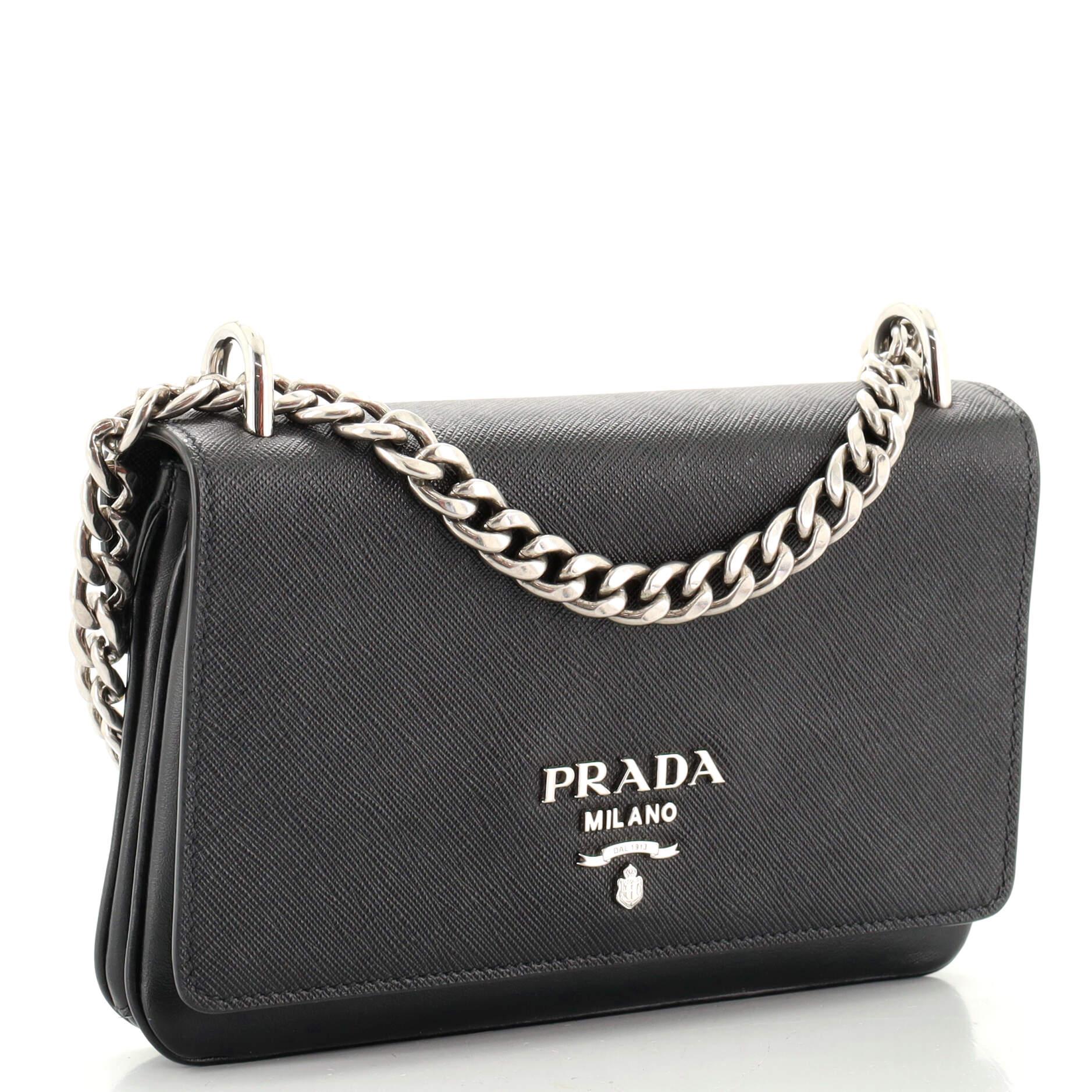 Black Prada Chain Flap Crossbody Bag Saffiano and Soft Calf Small