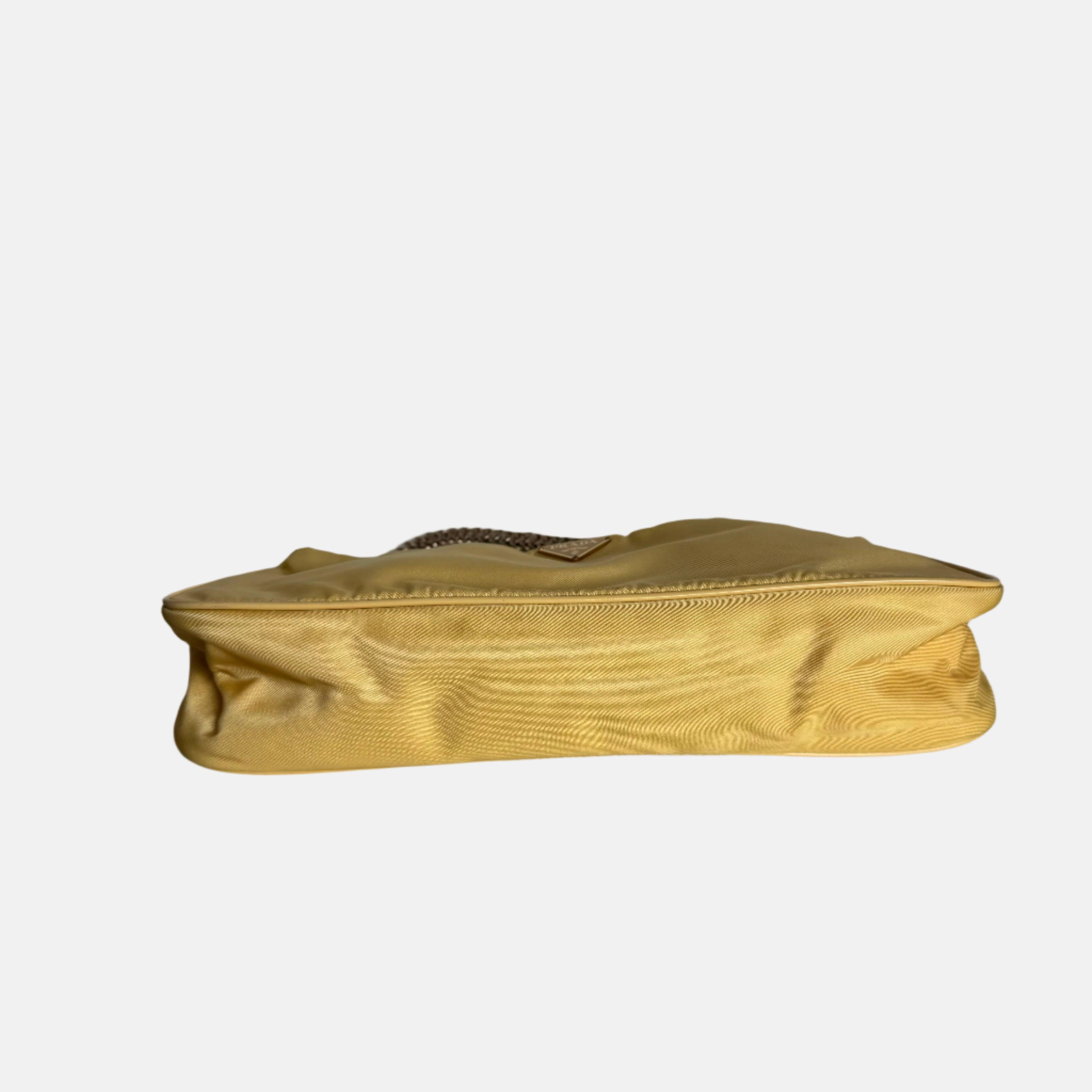 Prada Chain Shoulder Bag Nylon Yellow with Gold-tone Chain In Excellent Condition In AUBERVILLIERS, FR