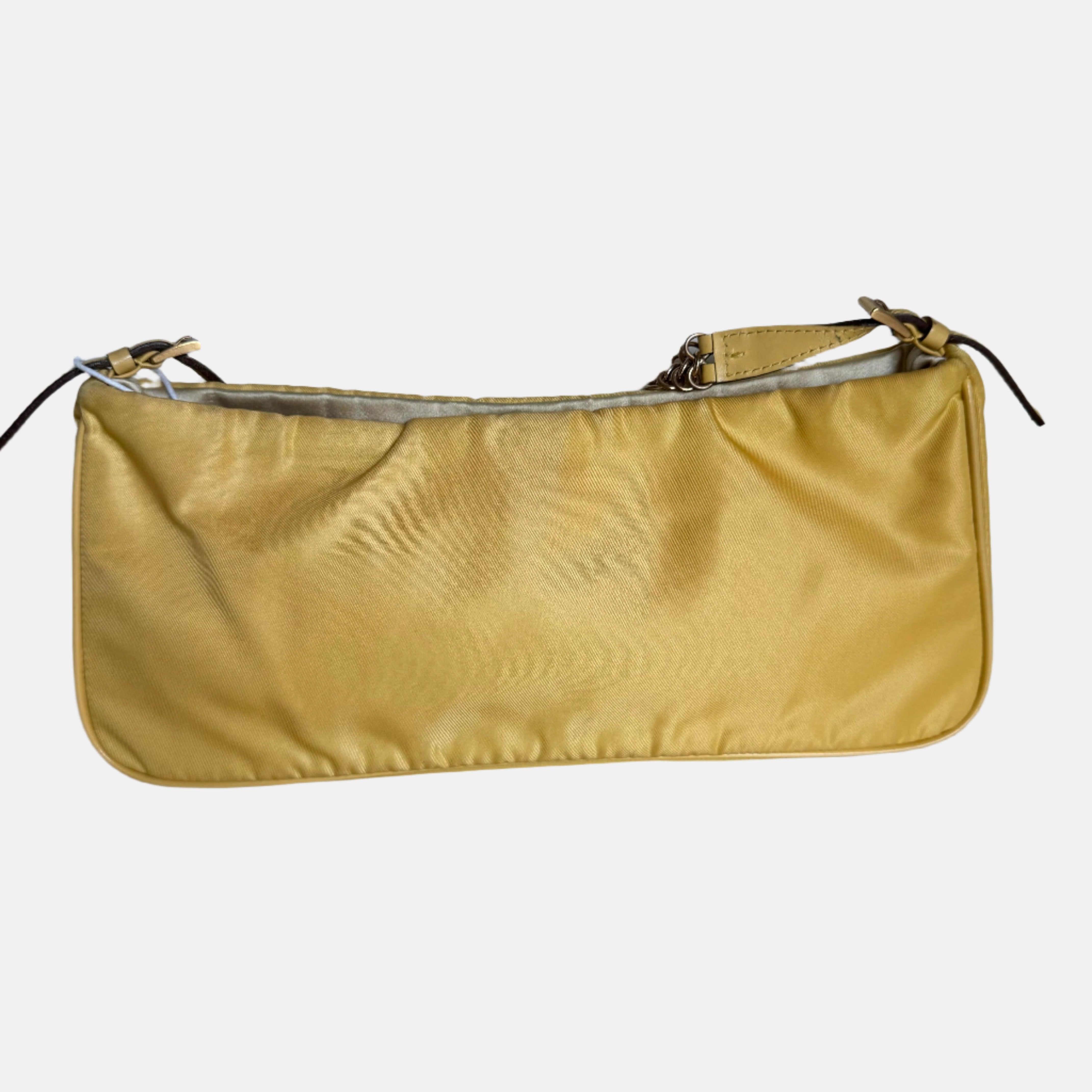 Women's Prada Chain Shoulder Bag Nylon Yellow with Gold-tone Chain