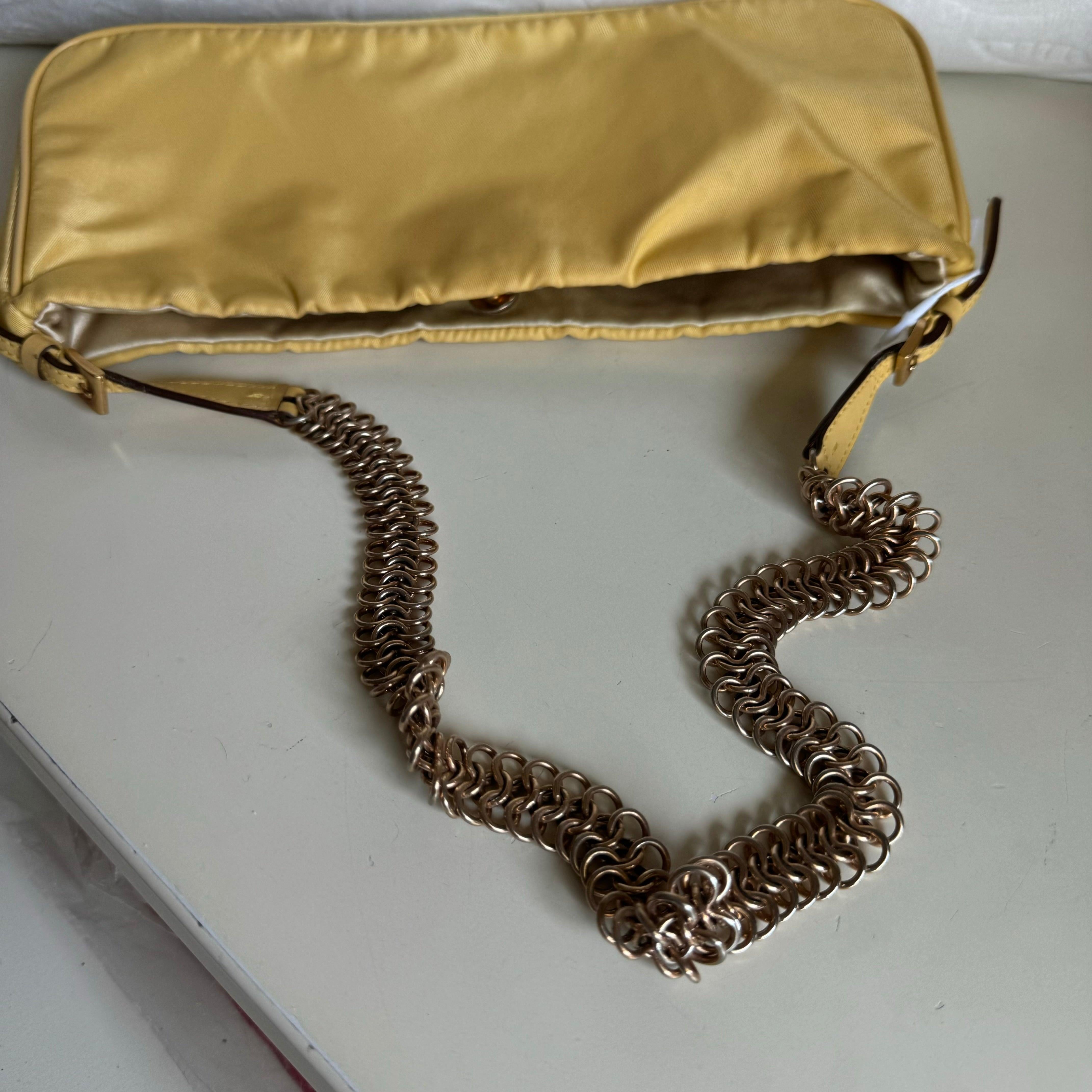 Prada Chain Shoulder Bag Nylon Yellow with Gold-tone Chain 3