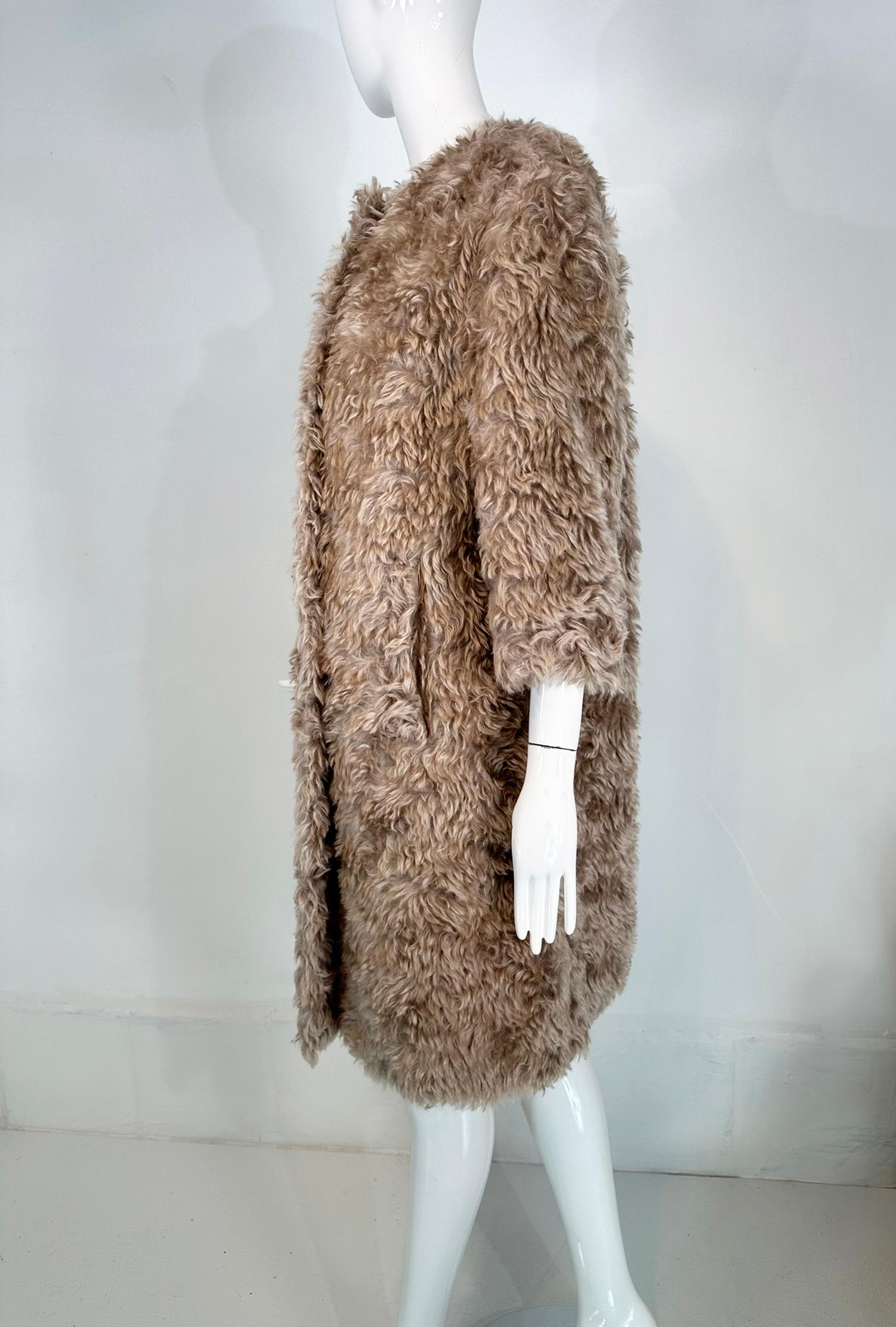 Prada Champagne Mohair Jewel Neck Big Snaps Faux Fur Teddy Bear Coat 38 For Sale 6