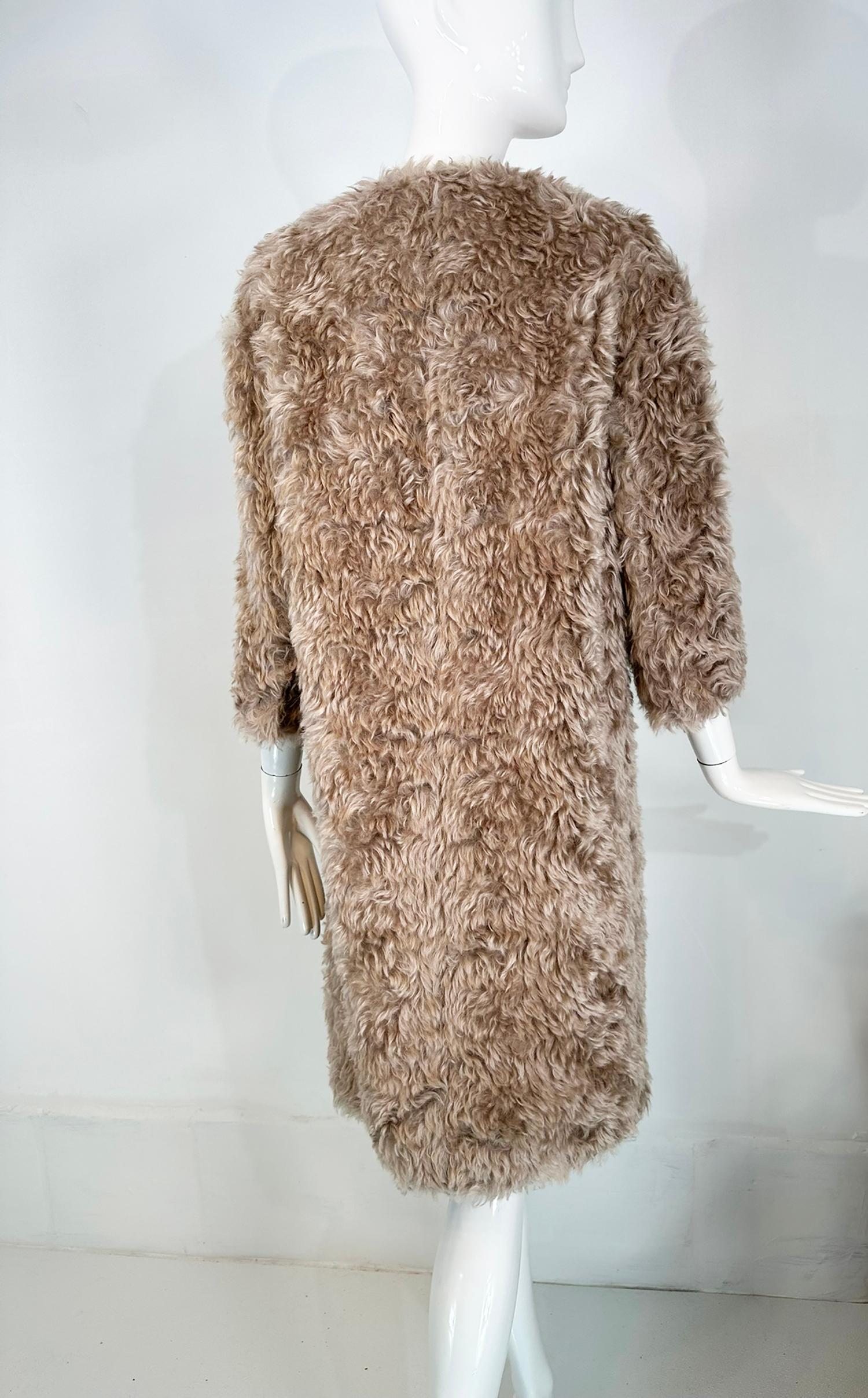 Prada Champagne Mohair Jewel Neck Big Snaps Faux Fur Teddy Bear Coat 38 For Sale 2