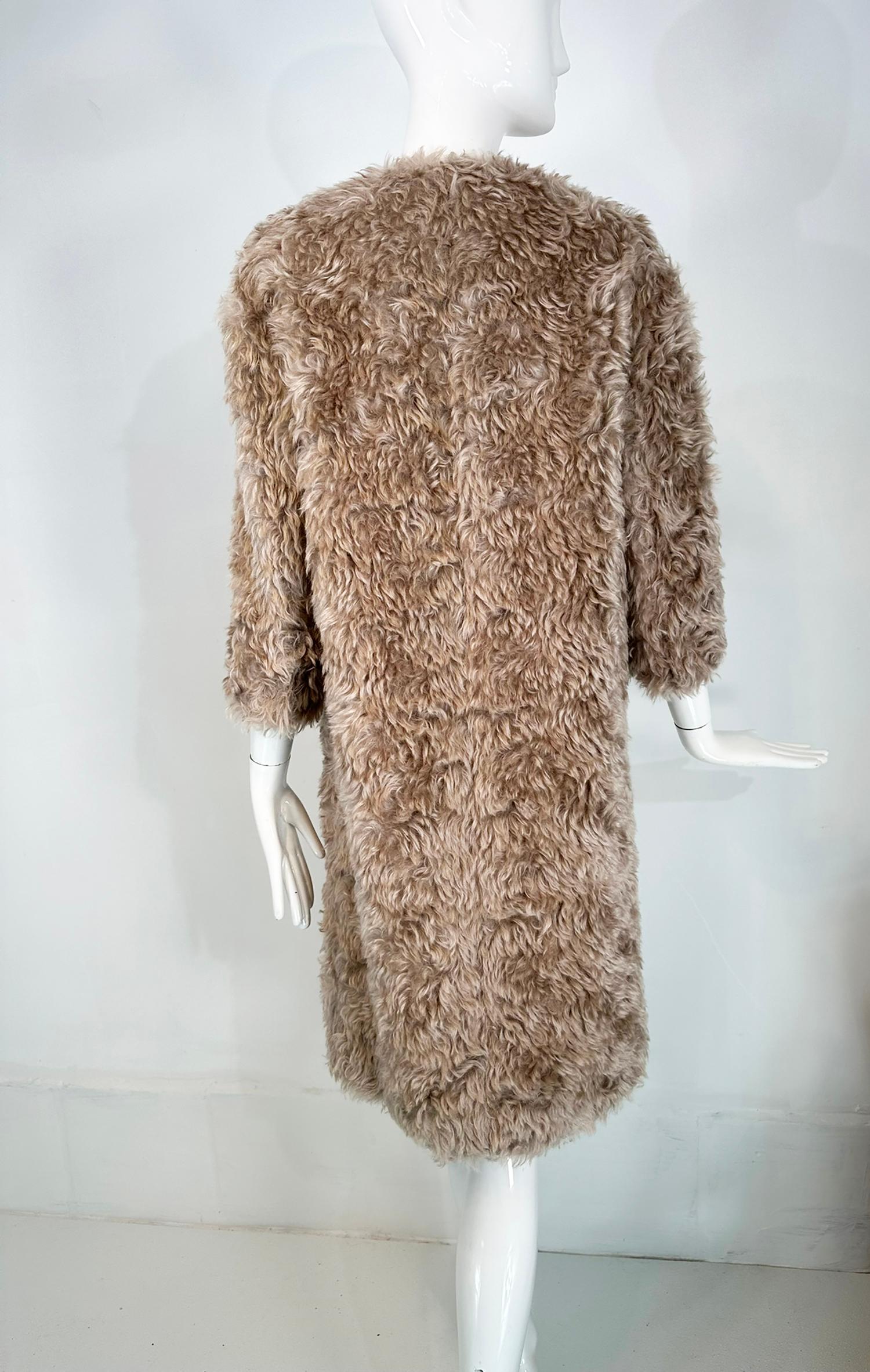 Prada Champagne Mohair Jewel Neck Big Snaps Faux Fur Teddy Bear Coat 38 For Sale 3