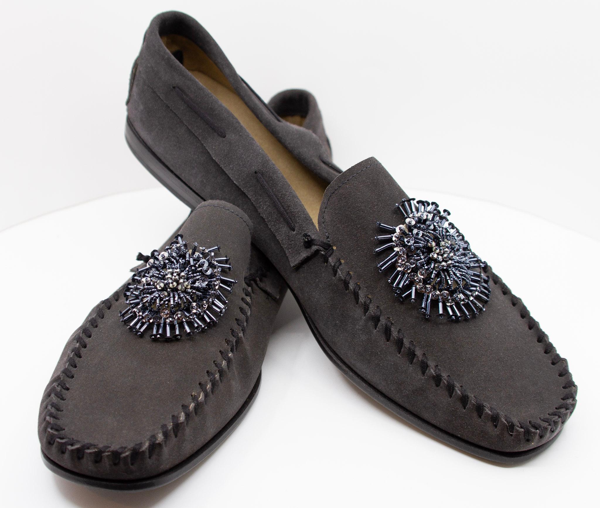 PRADA, charcoal, suede, loafers with beaded embellishments and leather soles, Estate of André Leon Talley.

New condition.

Given to André Leon Talley by Prada, never worn.

Size 14