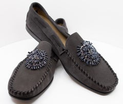PRADA, Charcoal Suede Loafers with Beaded Embellishments and Leather Soles, Box