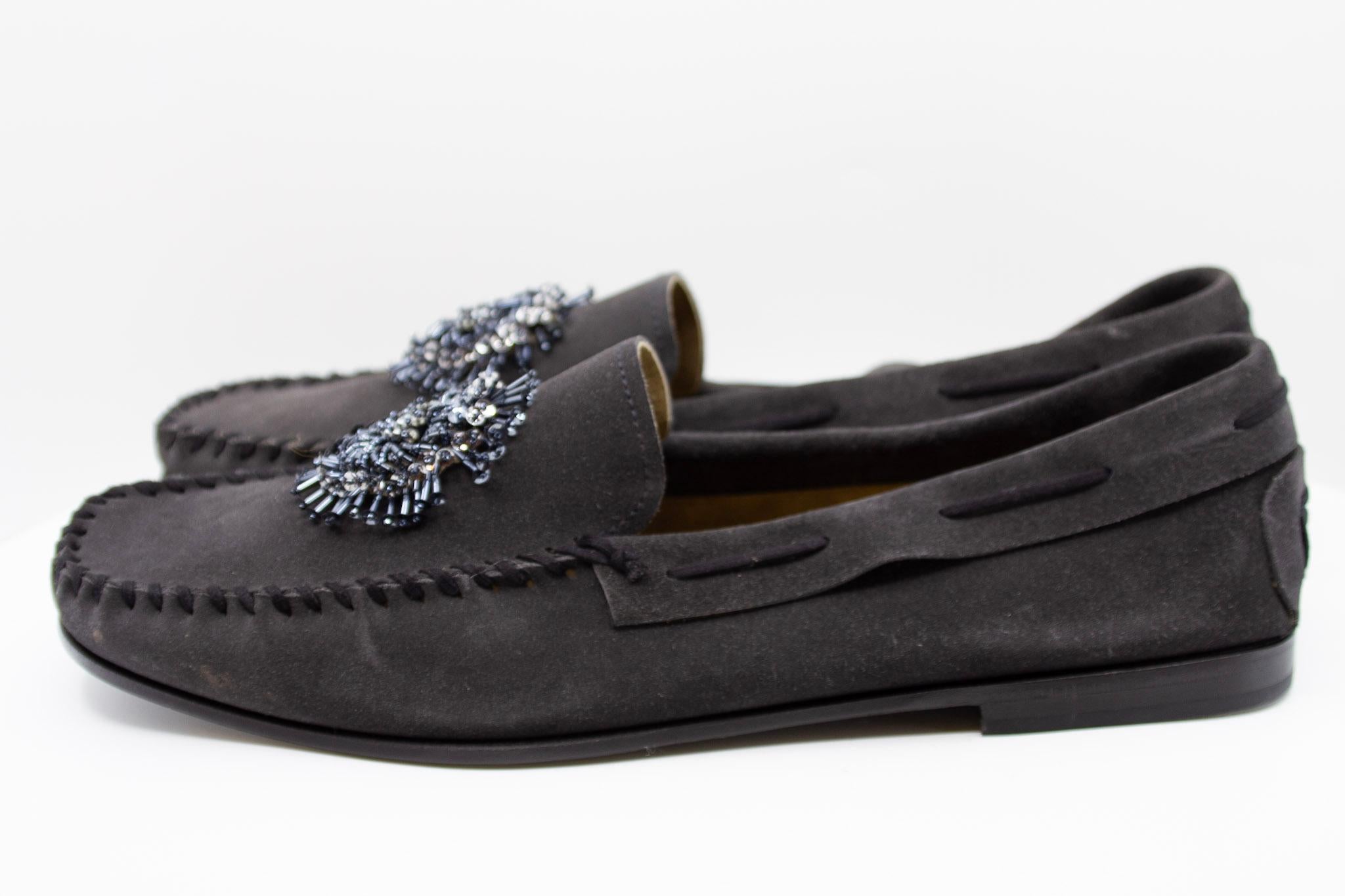 Prada Charcoal Suede Loafers with Beaded Embellishments and Leather Soles In Excellent Condition For Sale In Kingston, NY