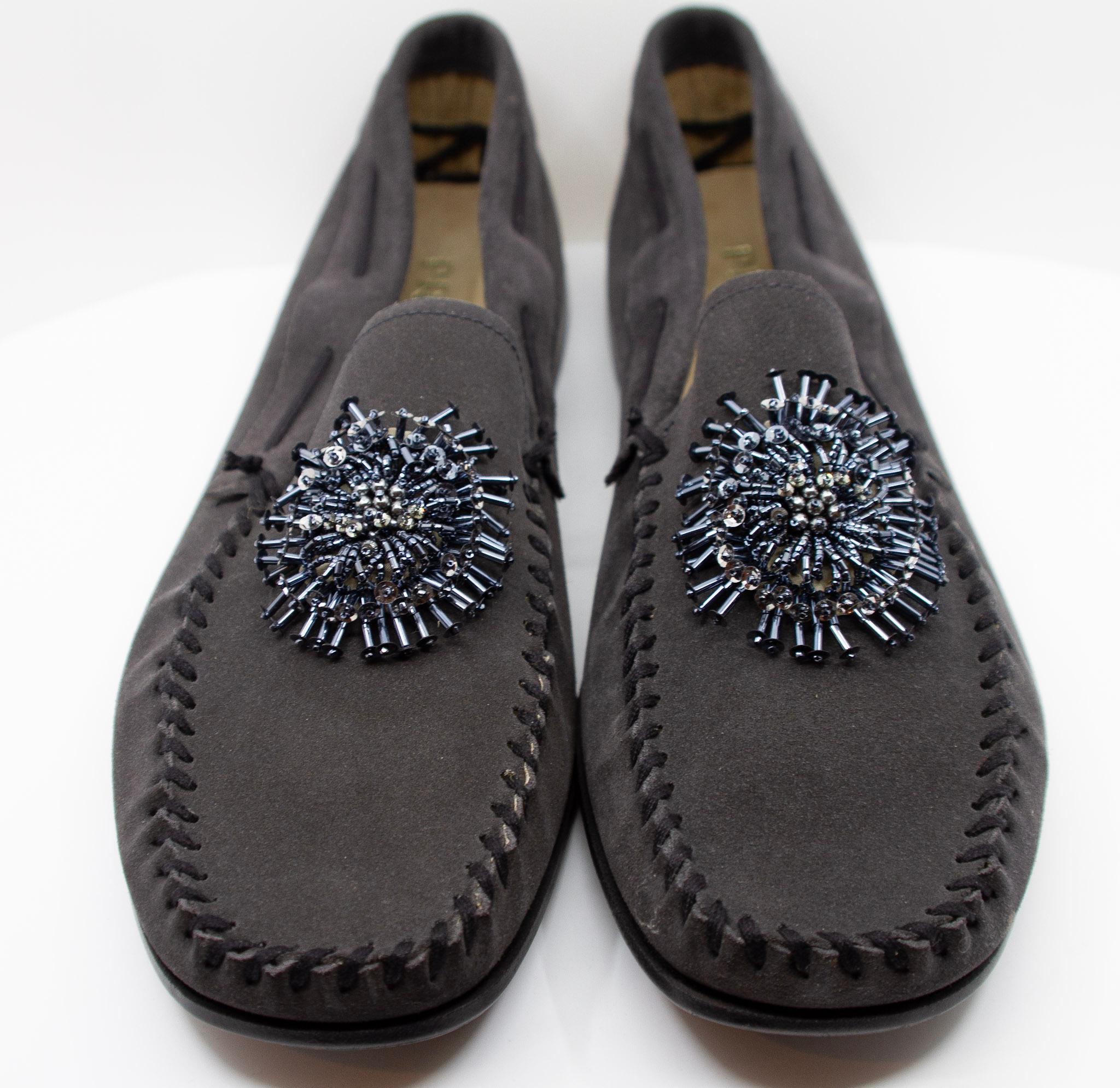 Prada Charcoal Suede Loafers with Beaded Embellishments and Leather Soles For Sale 1