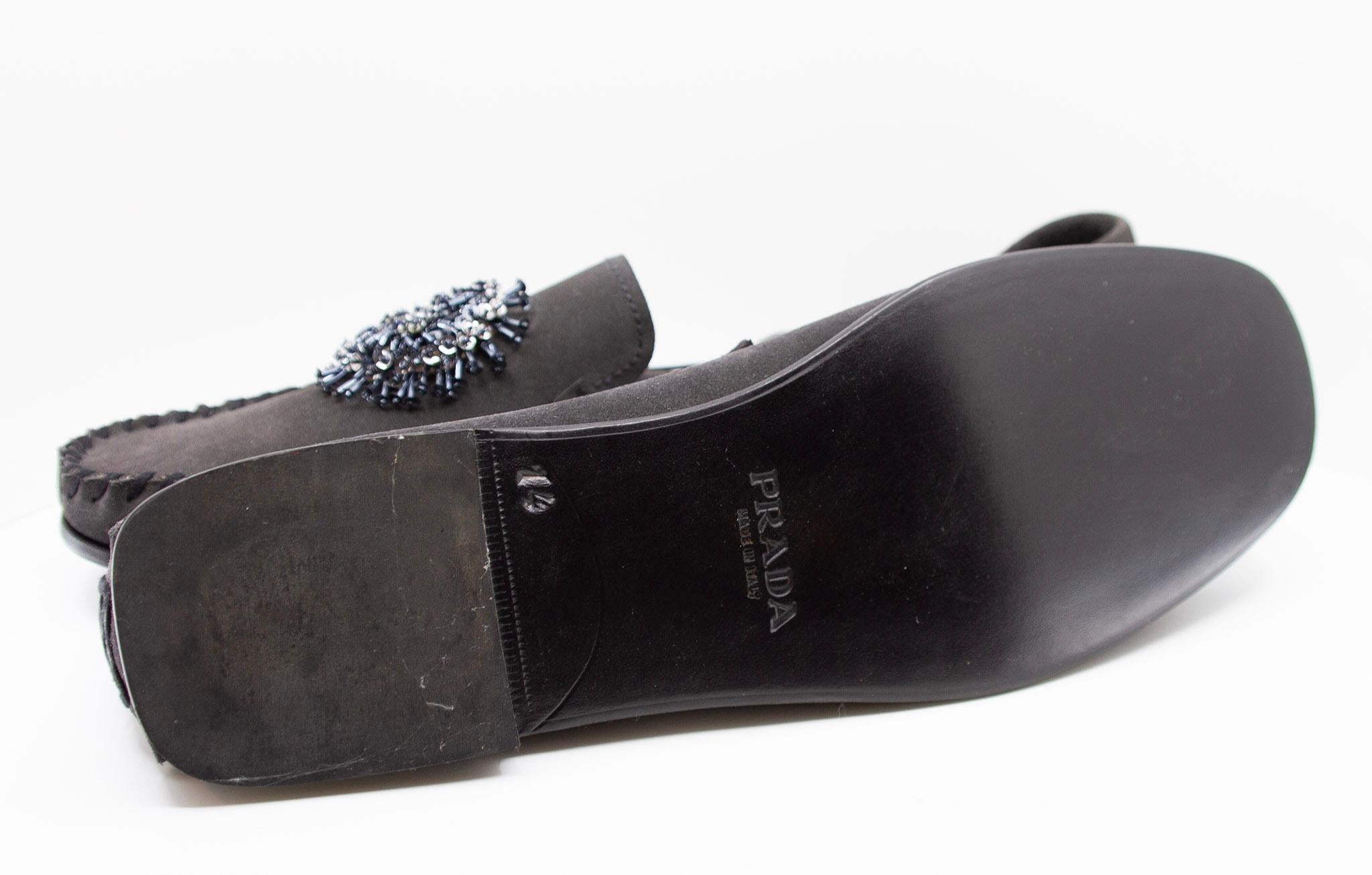 Prada Charcoal Suede Loafers with Beaded Embellishments and Leather Soles For Sale 3