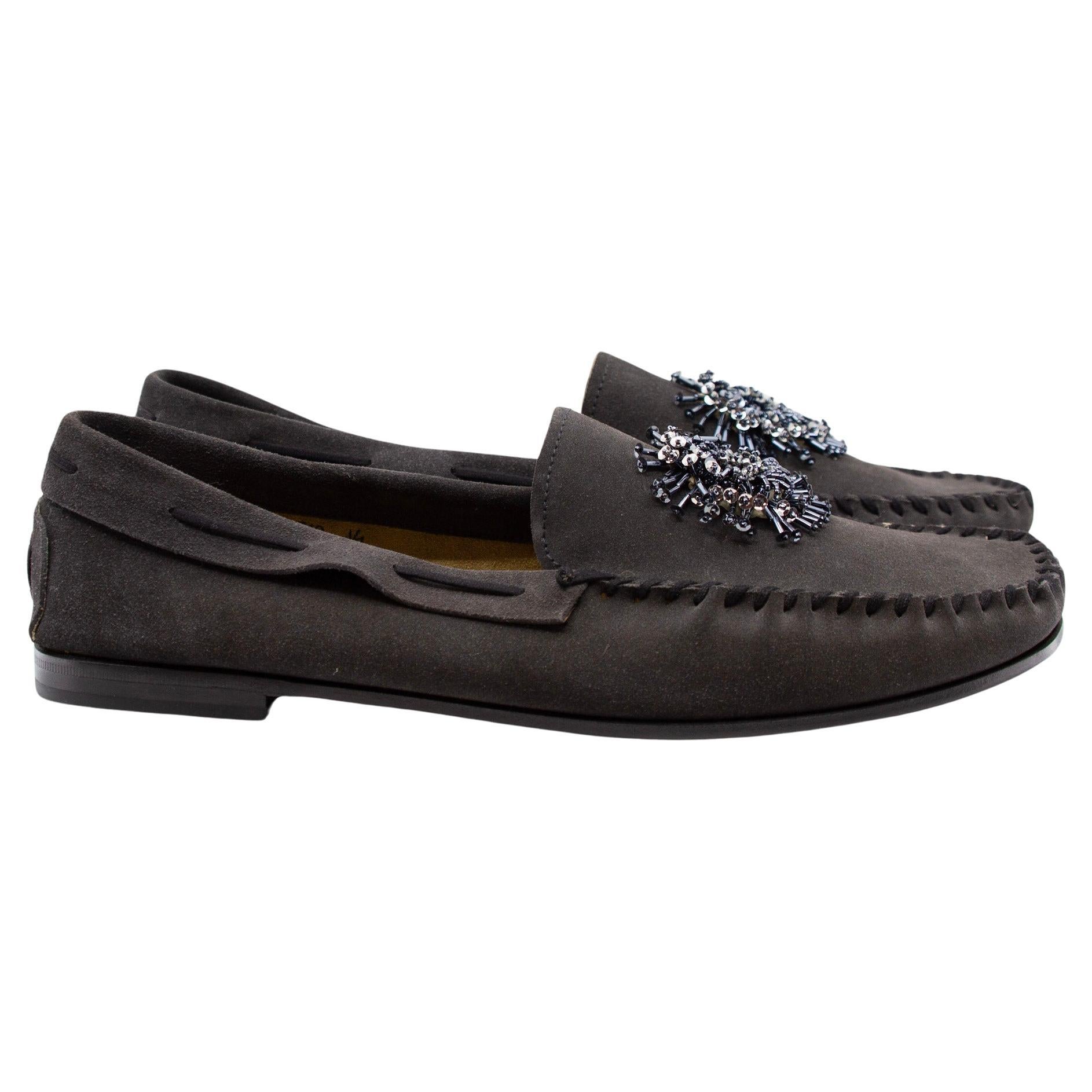 Prada Charcoal Suede Loafers with Beaded Embellishments and Leather Soles For Sale