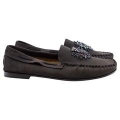 Prada Charcoal Suede Loafers with Beaded Embellishments and Leather Soles