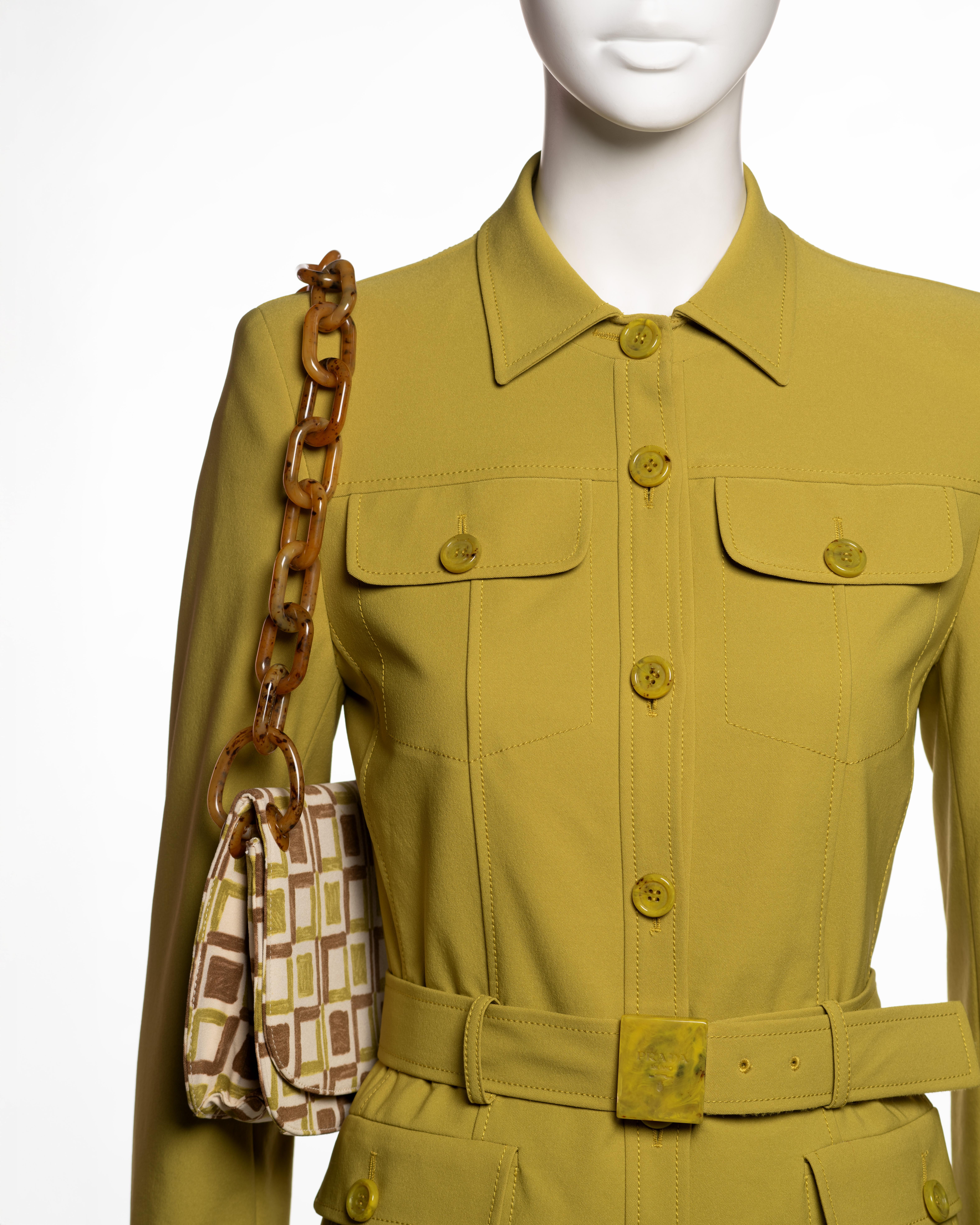 Marron Ensemble veste safari, jupe et sac imprimé chartreuse Prada, SS 1996 en vente
