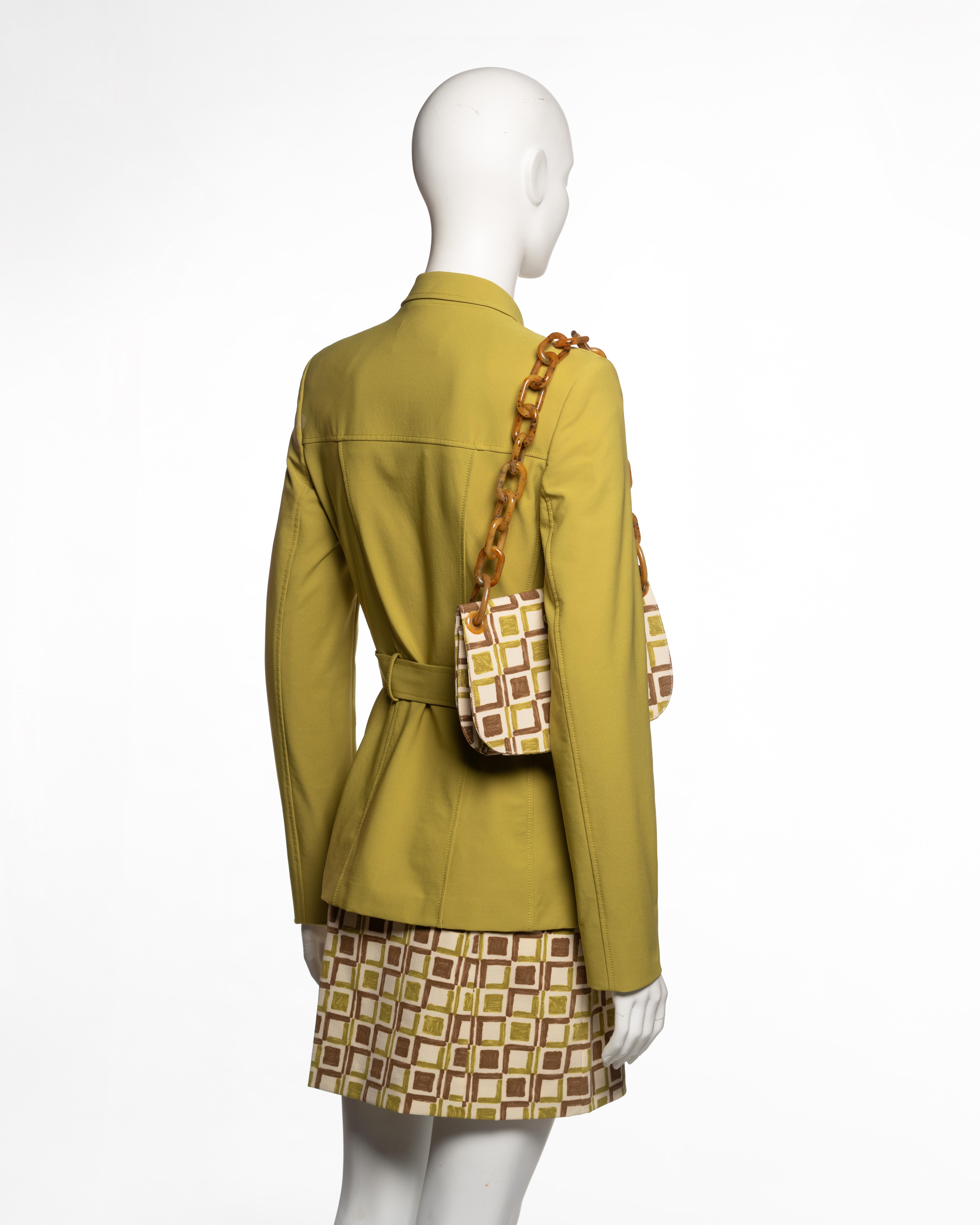 Ensemble veste safari, jupe et sac imprimé chartreuse Prada, SS 1996 en vente 4