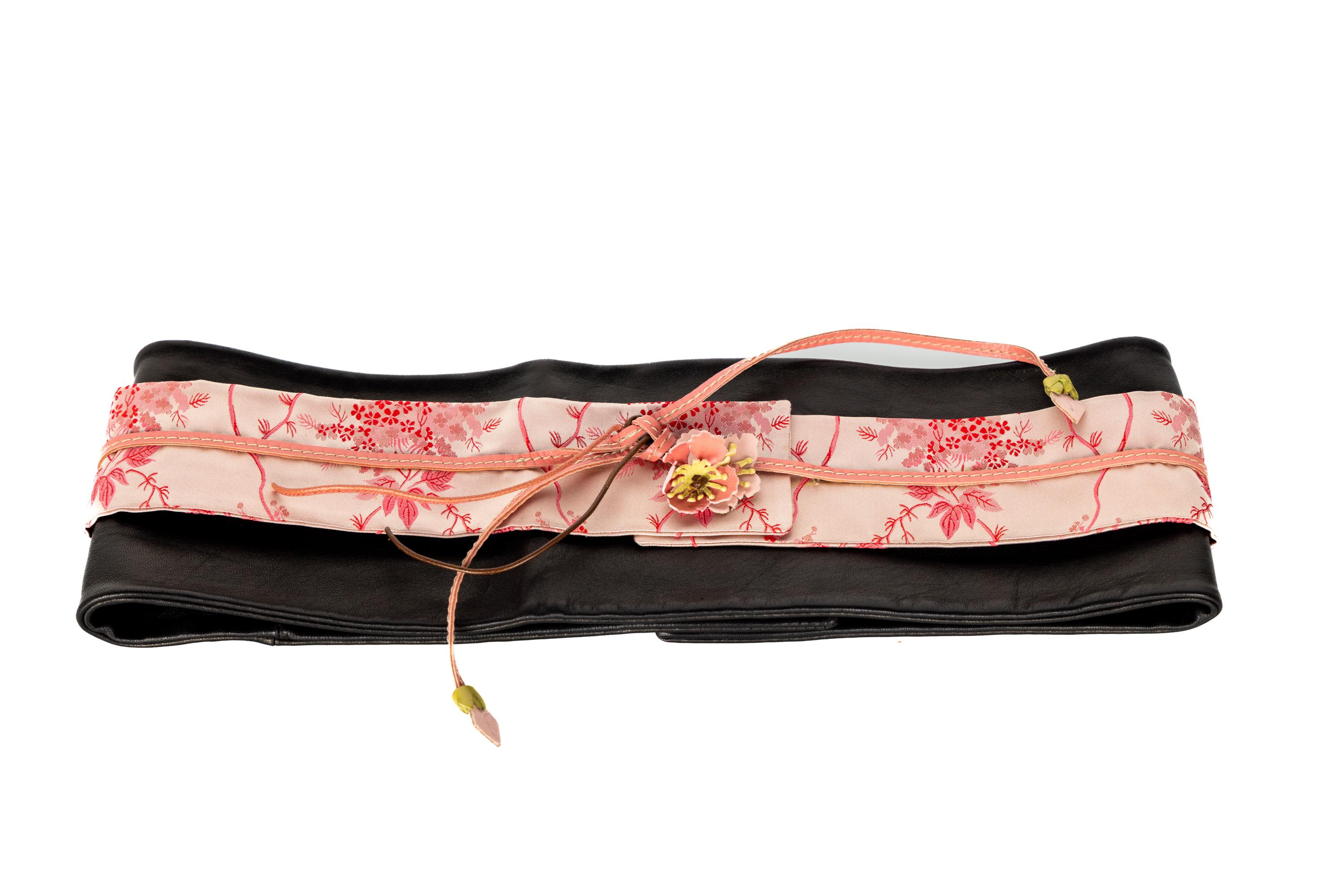 Prada Cherry Blossom Leather Silk Obi Kimono Belt 1990s In Excellent Condition For Sale In Boca Raton, FL