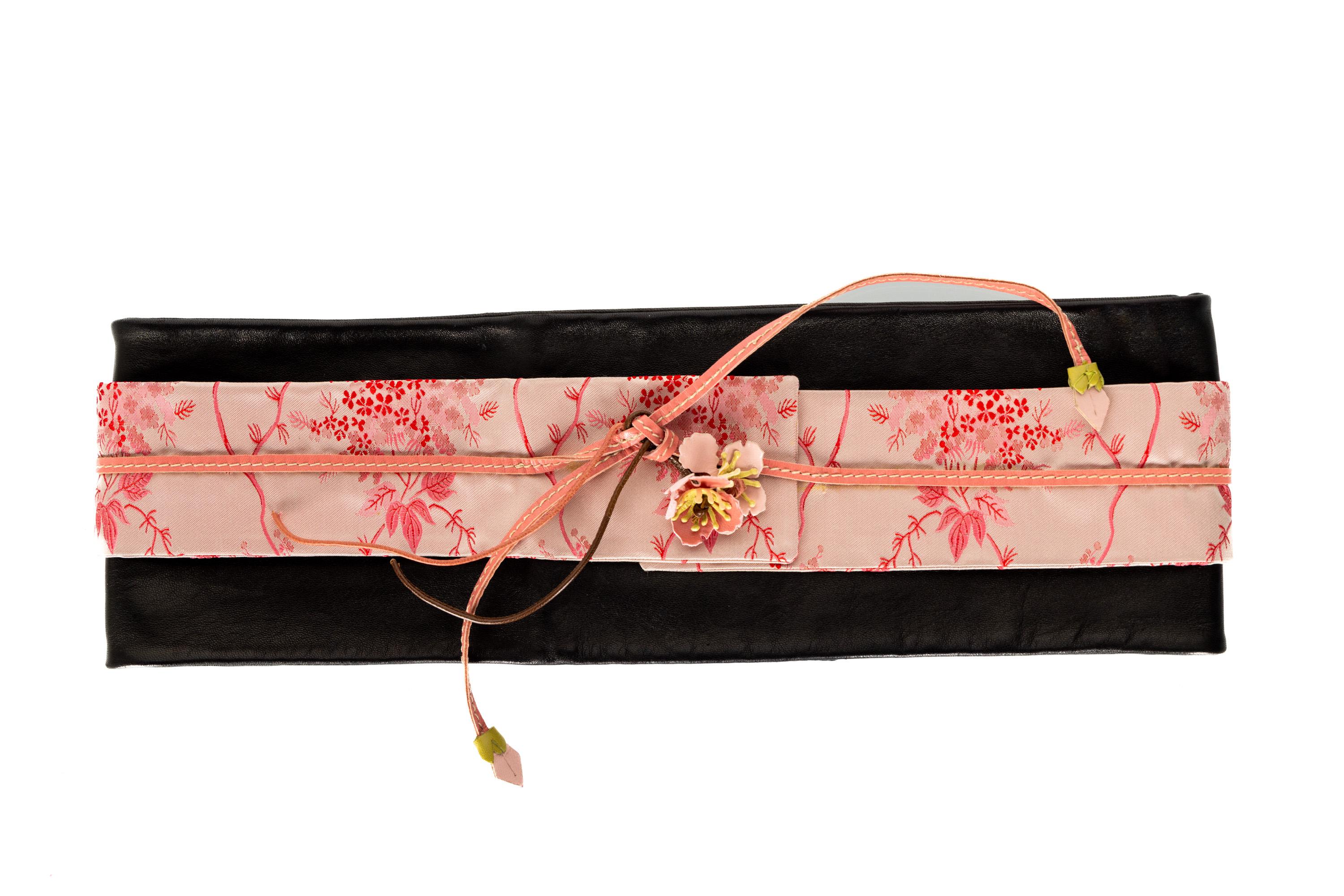 Prada Cherry Blossom Leather Silk Obi Kimono Belt 1990 en vente 2