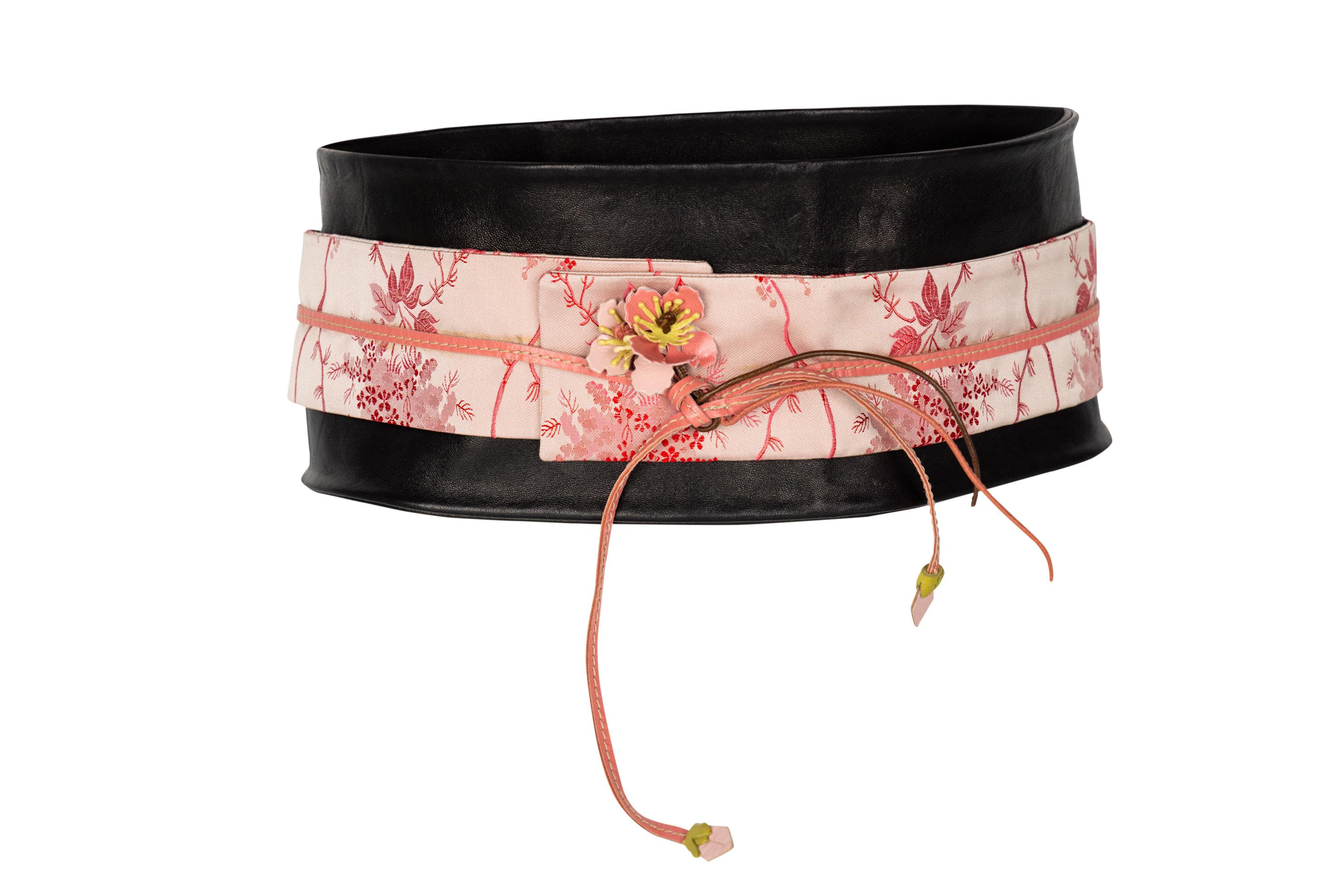 Prada Cherry Blossom Leather Silk Obi Kimono Belt 1990 en vente 3