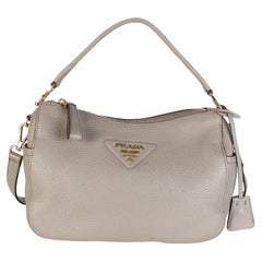 Prada Clay Gray Grained Calfskin Small Triangle Logo Shoulder Bag