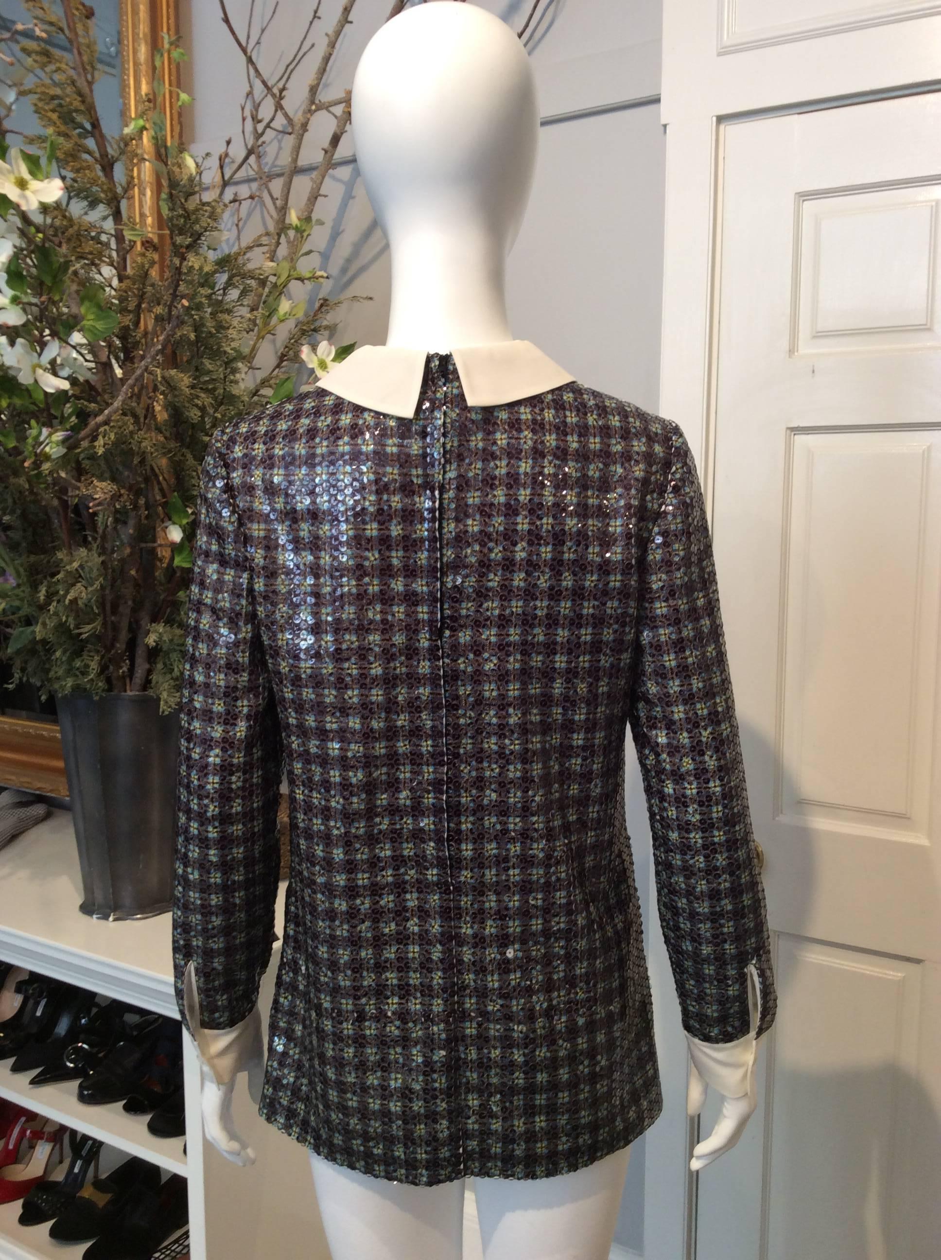 Black Prada Clear Sequined Multicolored Plaid Long-Sleeve Collared Shirt Sz40/Us4 For Sale