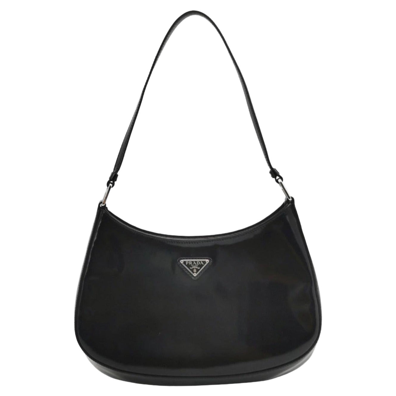 Prada Cleo Schwarze glänzende Leder-Umhängetasche