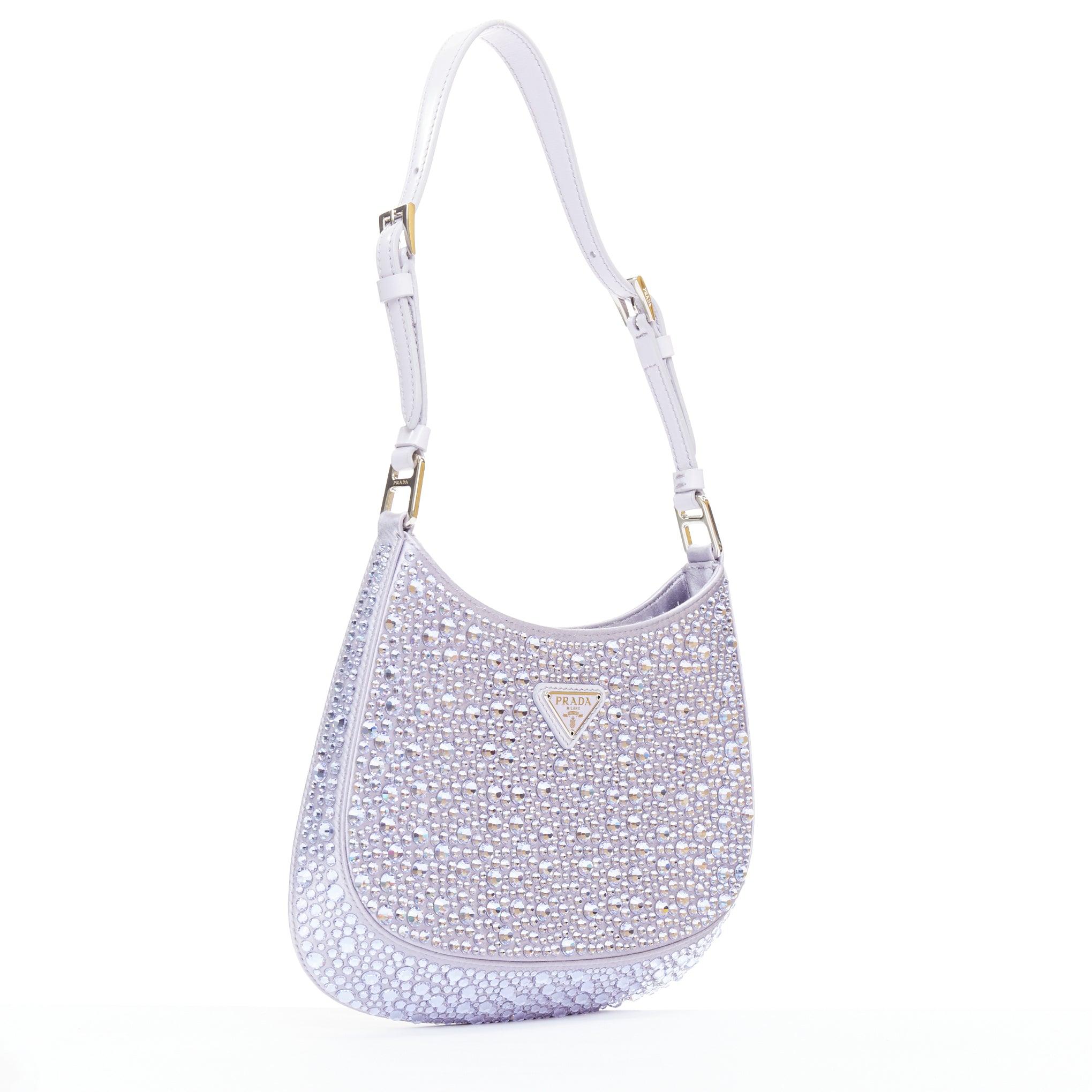 Gray PRADA Cleo blue crystal encrusted satin triangle logo underarm shoulder bag For Sale