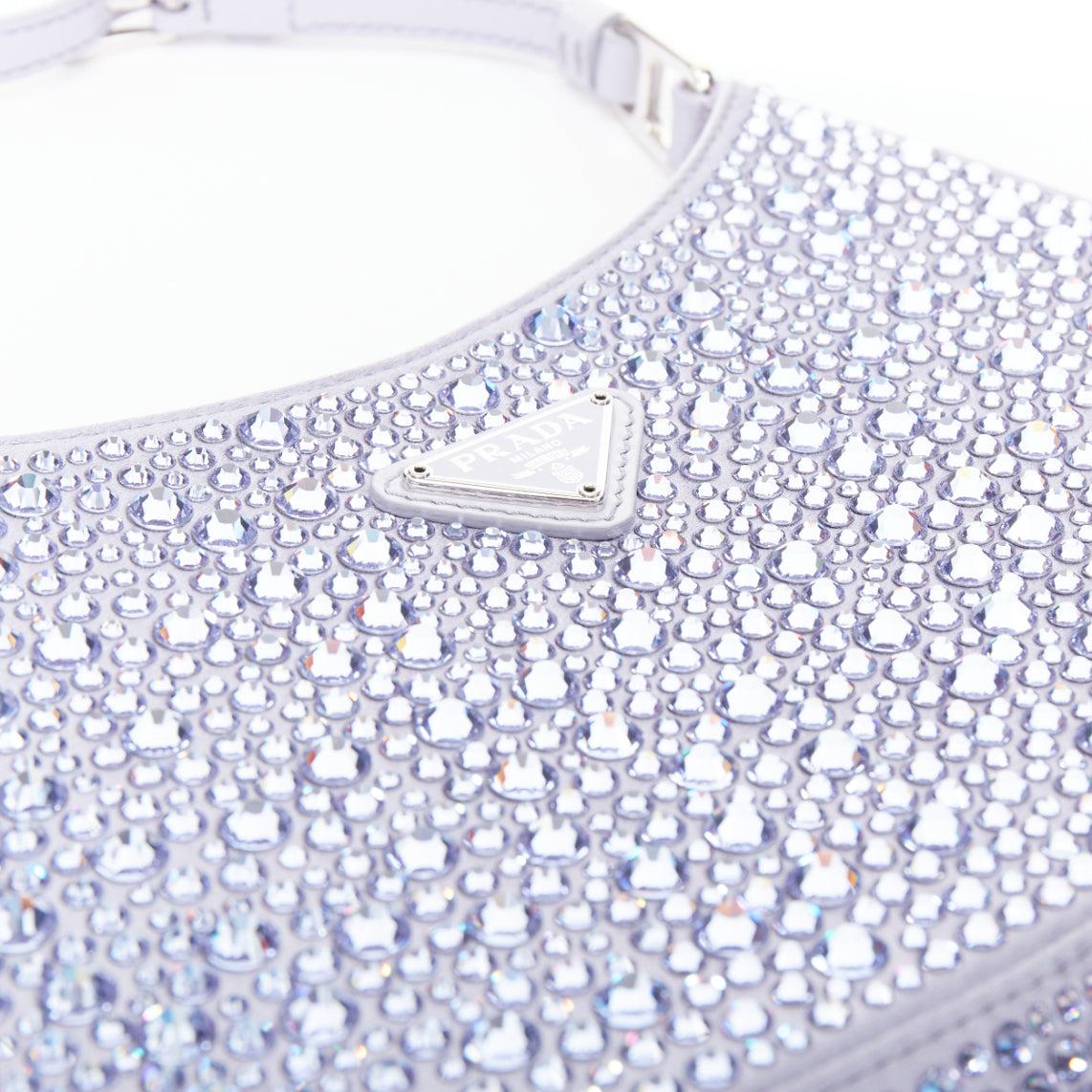 PRADA Cleo blue crystal encrusted satin triangle logo underarm shoulder bag For Sale 2