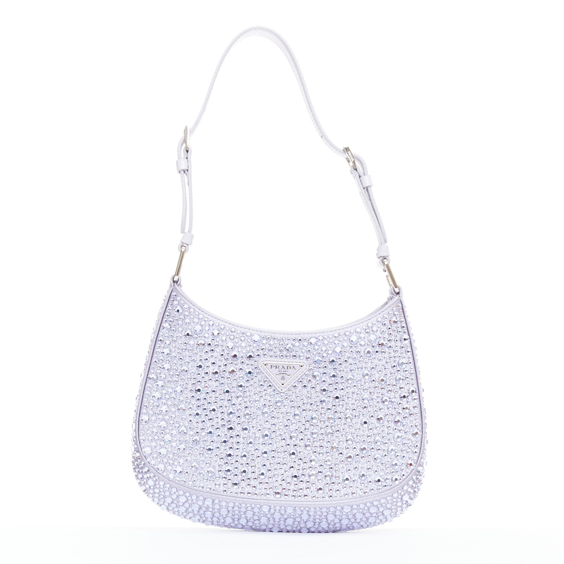 Bolso bandolera PRADA Cleo azul con incrustaciones de cristal y logotipo triangular de satén en la axila
