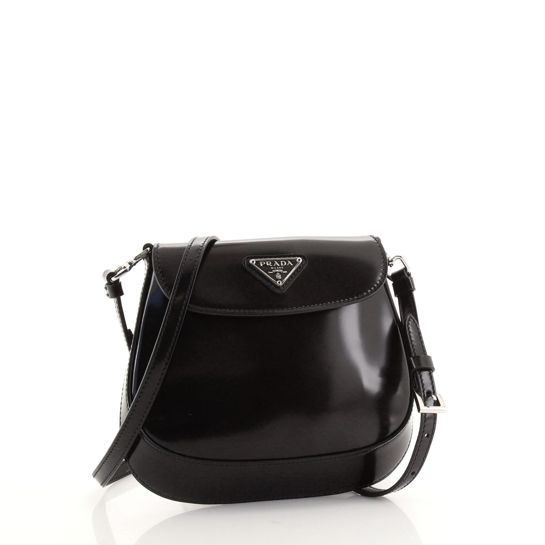 Black Prada Cleo Flap Shoulder Bag Spazzolato Leather Small