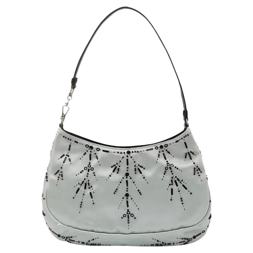 Prada Cleo Vintage Blue Silk Beaded Embroidery Shoulder Bag For Sale