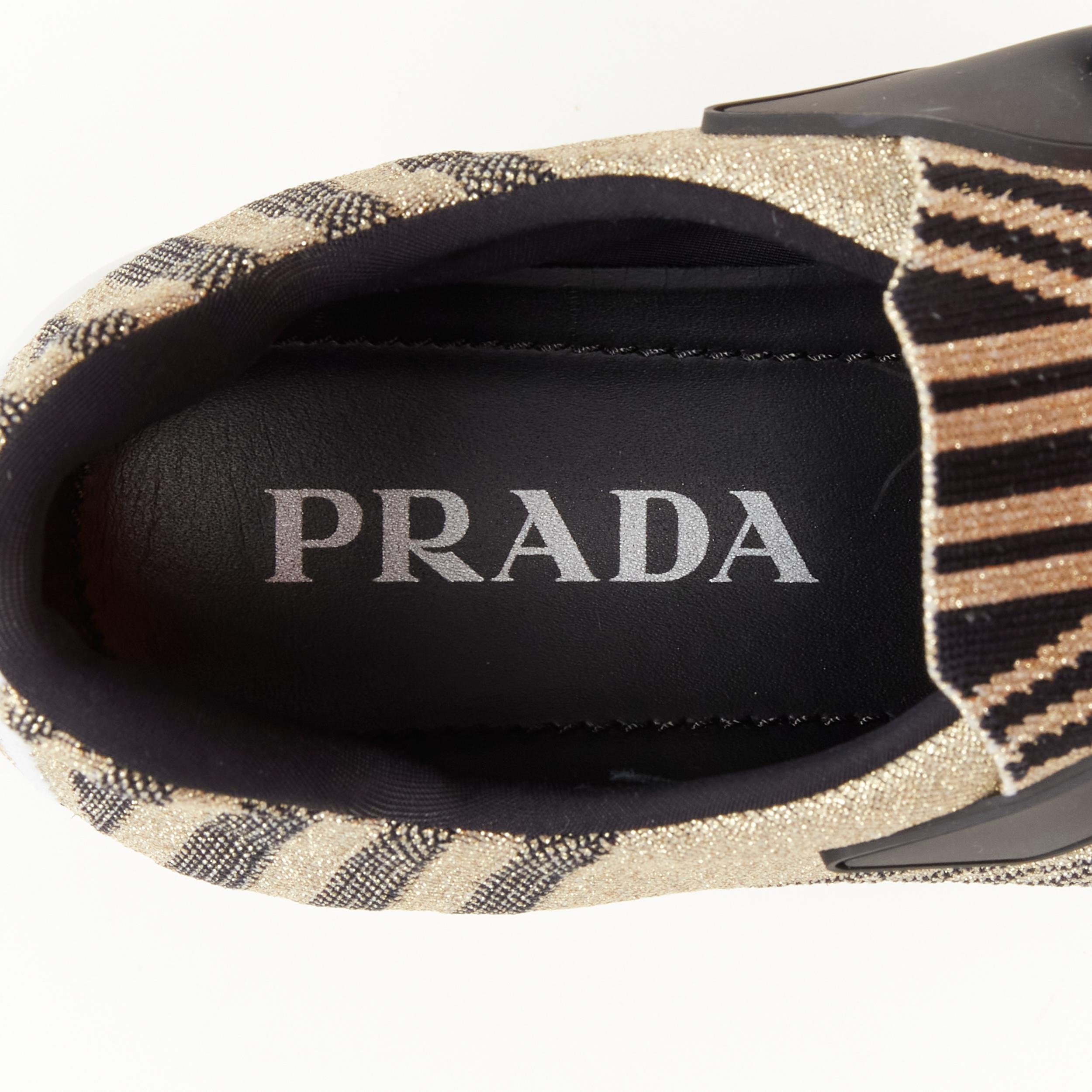 PRADA Cloudbust metallic gold sock knit logo rubber strap low top sneaker EU36 4