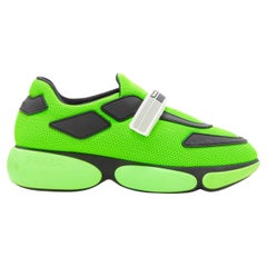 Used PRADA Cloudbust neon fluorescent green mesh logo strap low top sneakers EU35.5