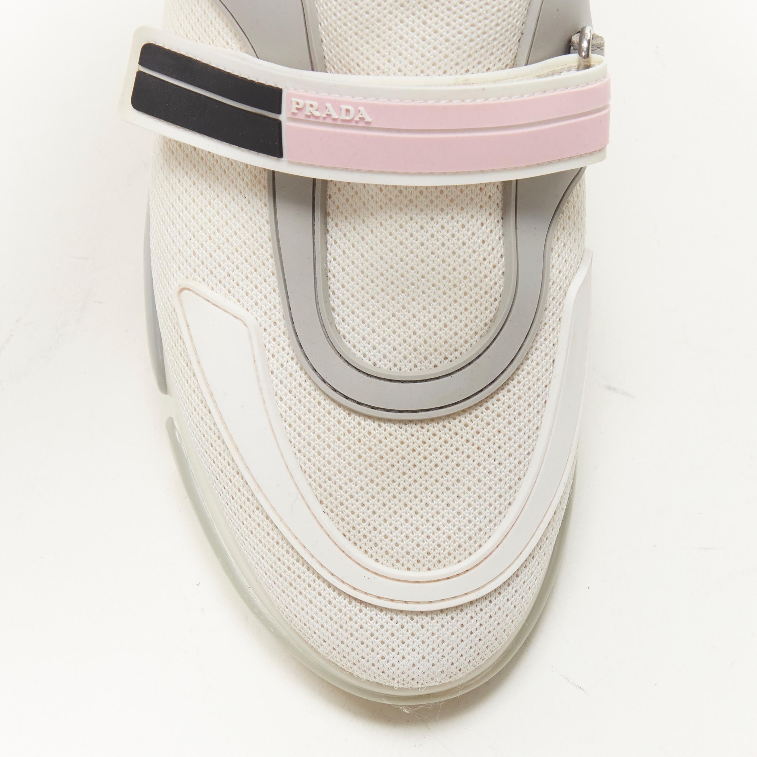 Gray PRADA Cloudbust white mesh pink strap low top sneaker EU36