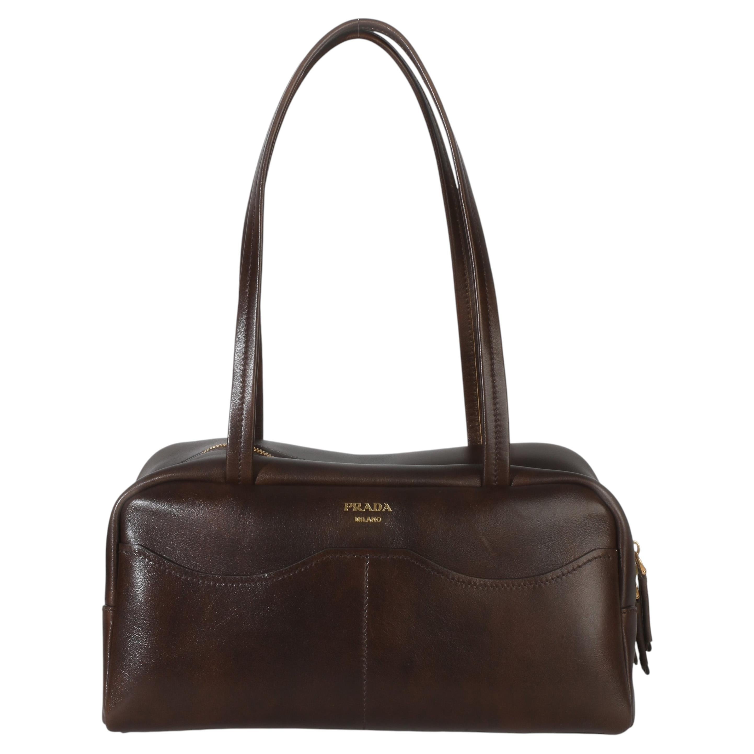 Prada Cocoa Brown Antiqued Calfskin Large Carry Shoulder Bag
