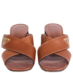 PRADA cognac brown leather CRISS CROSS BLOCK HEEL Sandals Shoes 39.5