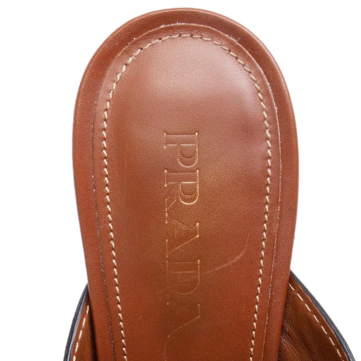Brown PRADA cognac brown leather CRISS CROSS BLOCK HEEL Sandals Shoes 39.5